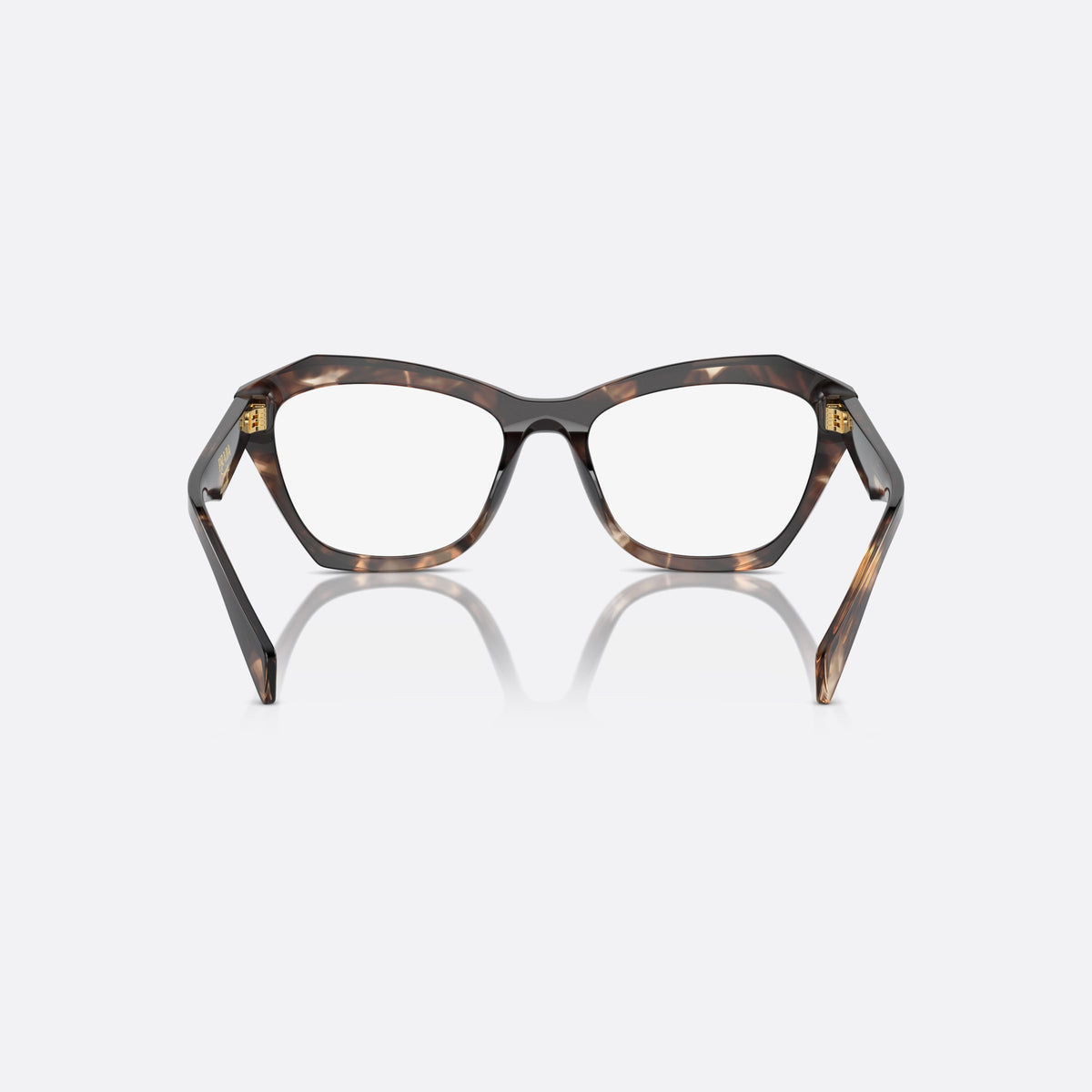 Prada PR A20V 14P1O1 eyeglasses, havana geometric frame for women, plain bridge, brand logo plaque on temple, back view