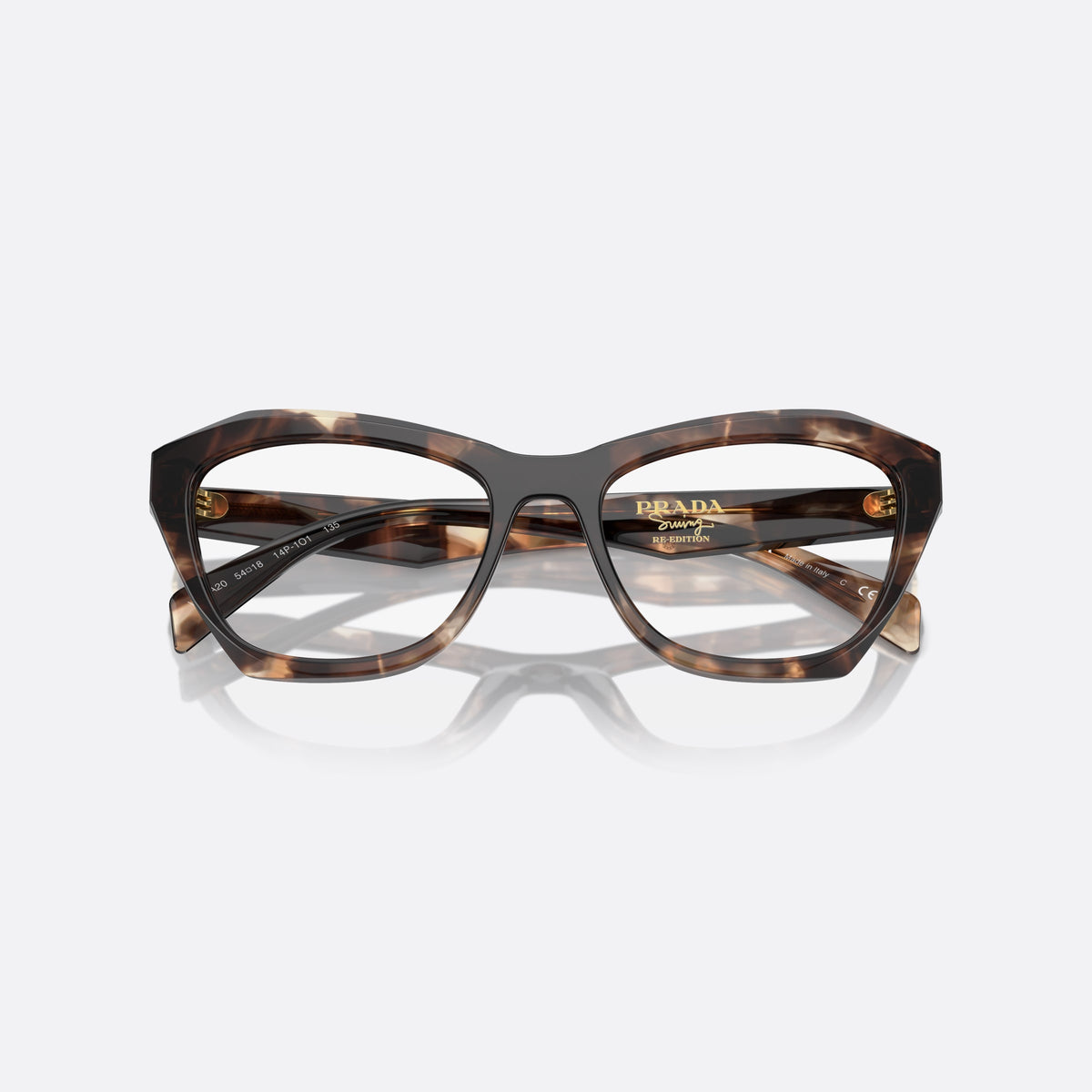 Prada PR A20V 14P1O1 eyeglasses, havana geometric frame for women, plain bridge, brand logo plaque on temple, folded