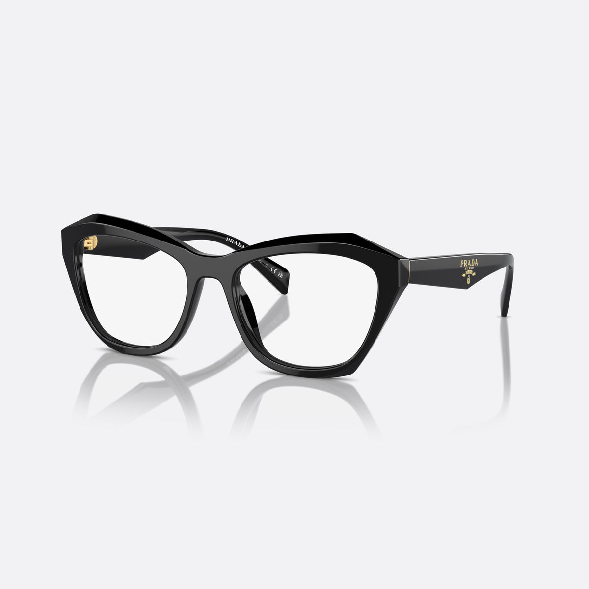 Prada PR A20V 16K1O1 eyeglasses, black geometric frame for women, keyhole bridge, brand lettering on temples, gold-tone hinge