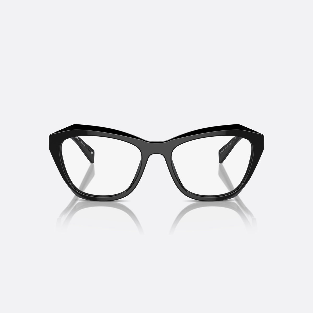 Prada PR A20V 16K1O1 eyeglasses, black geometric frame for women, keyhole bridge, brand lettering on temples, gold-tone hinge, front view