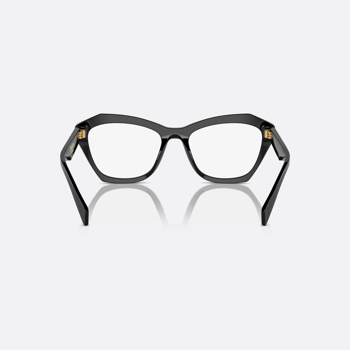 Prada PR A20V 16K1O1 eyeglasses, black geometric frame for women, keyhole bridge, brand lettering on temples, gold-tone hinge, back view