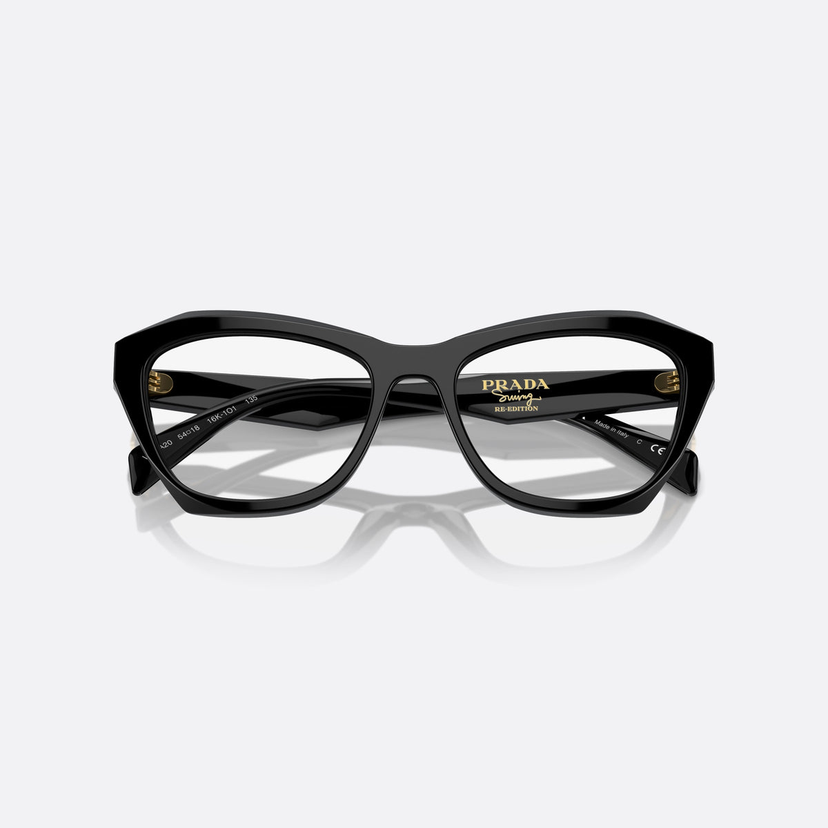Prada PR A20V 16K1O1 eyeglasses, black geometric frame for women, keyhole bridge, brand lettering on temples, gold-tone hinge, folded
