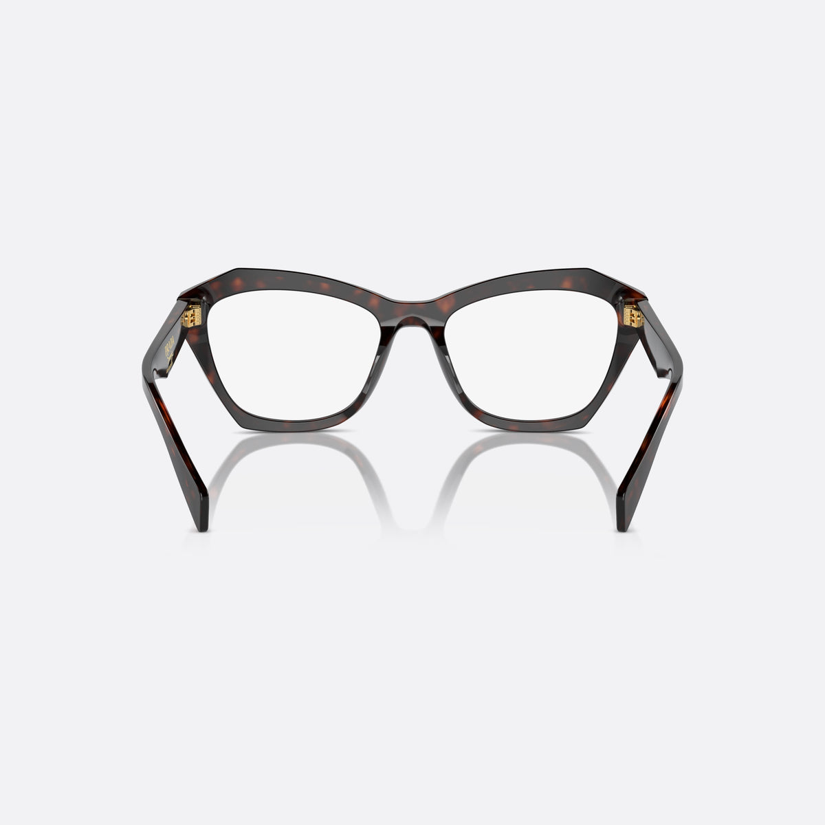 Prada PR A20V 17N1O1 eyeglasses, havana geometric frame for women, keyhole bridge, brand lettering on temples, full-rim frame, back view