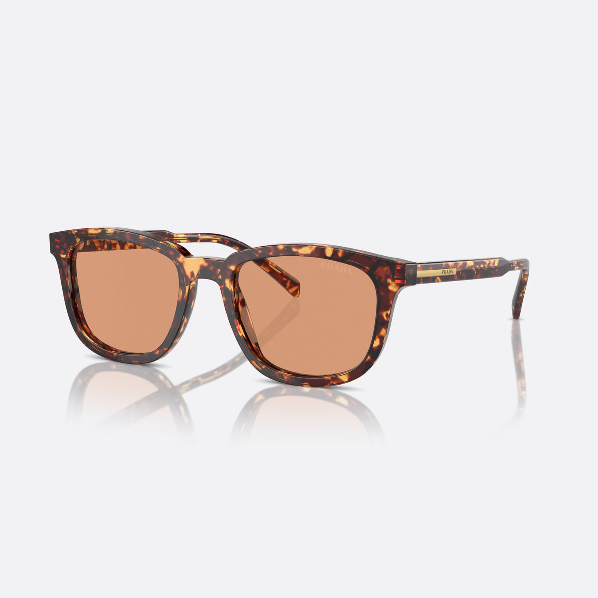 Prada PR A21S 14O-07V sunglasses, havana geometric frame for men, saddle bridge, brand lettering on temples