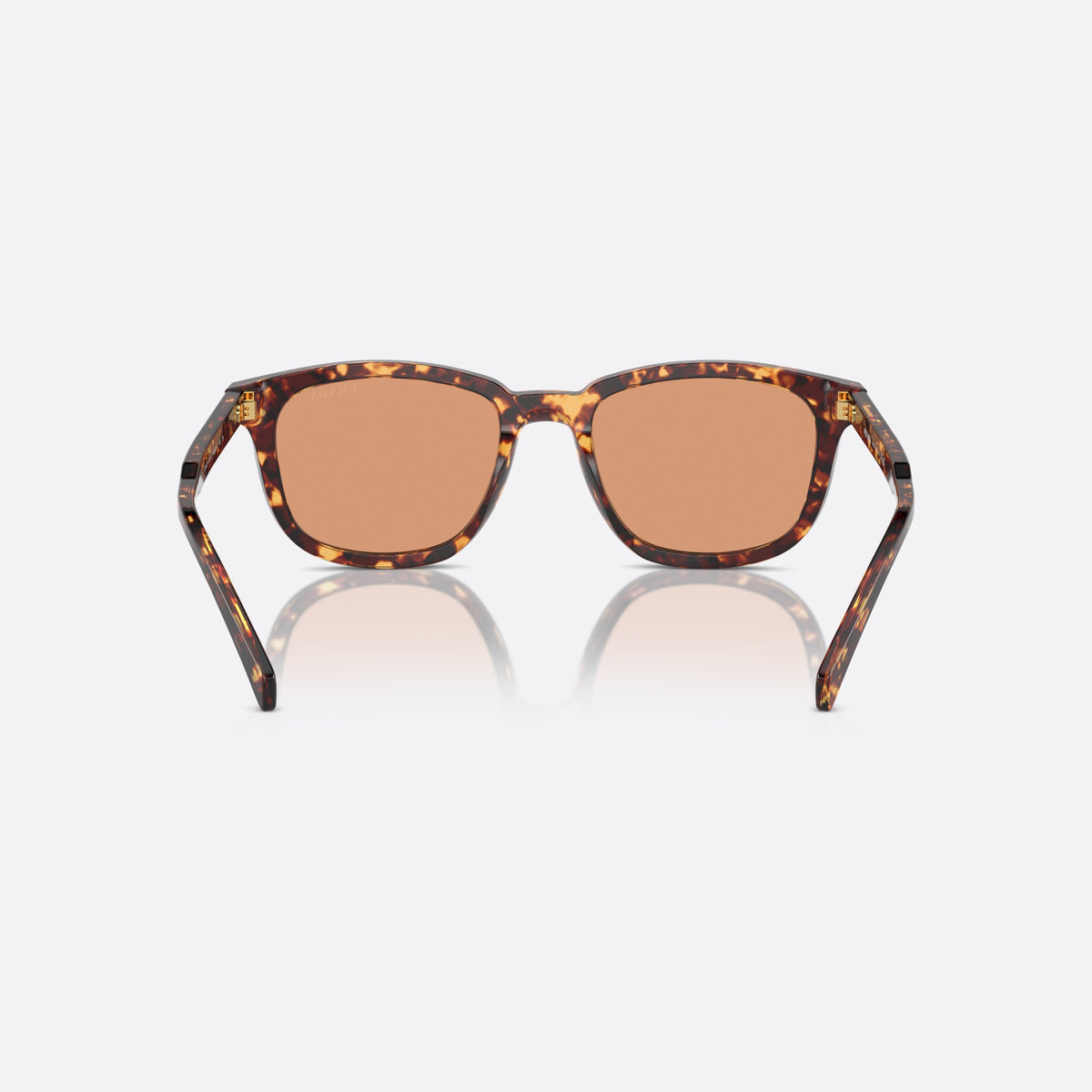 Prada PR A21S 14O-07V sunglasses, havana geometric frame for men, saddle bridge, brand lettering on temples, back view