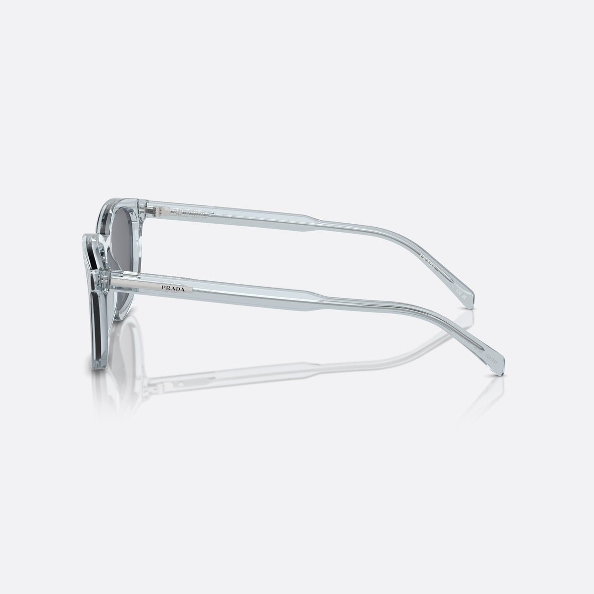Prada PR A21S A21S sunglasses, blue pillow frame for men, plain bridge, brand lettering on lens, full-rim frame, side view
