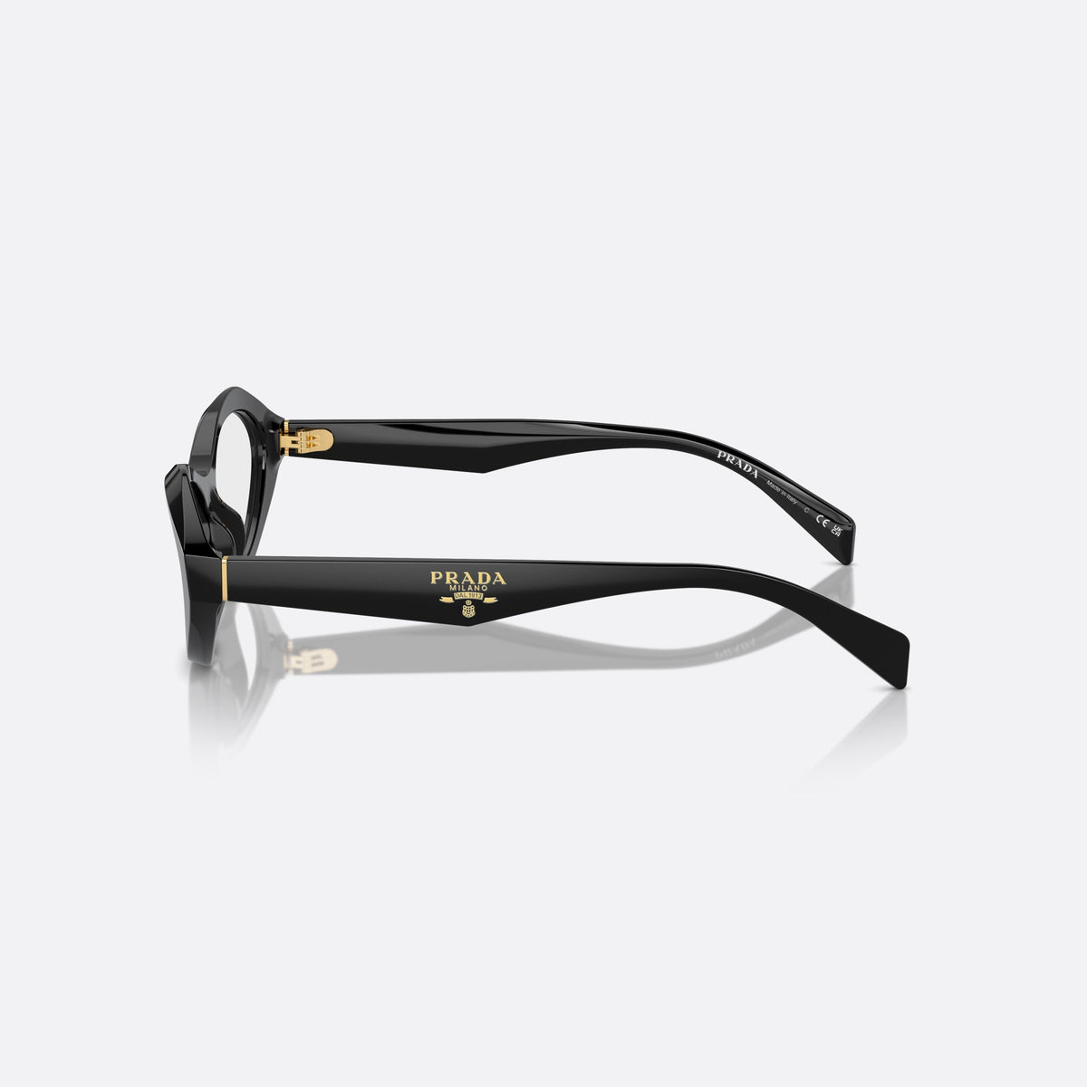 Prada PR A21V 16K1O1 eyeglasses, black squared frame for women, plain bridge, saddle style, brand logo on temple, side view
