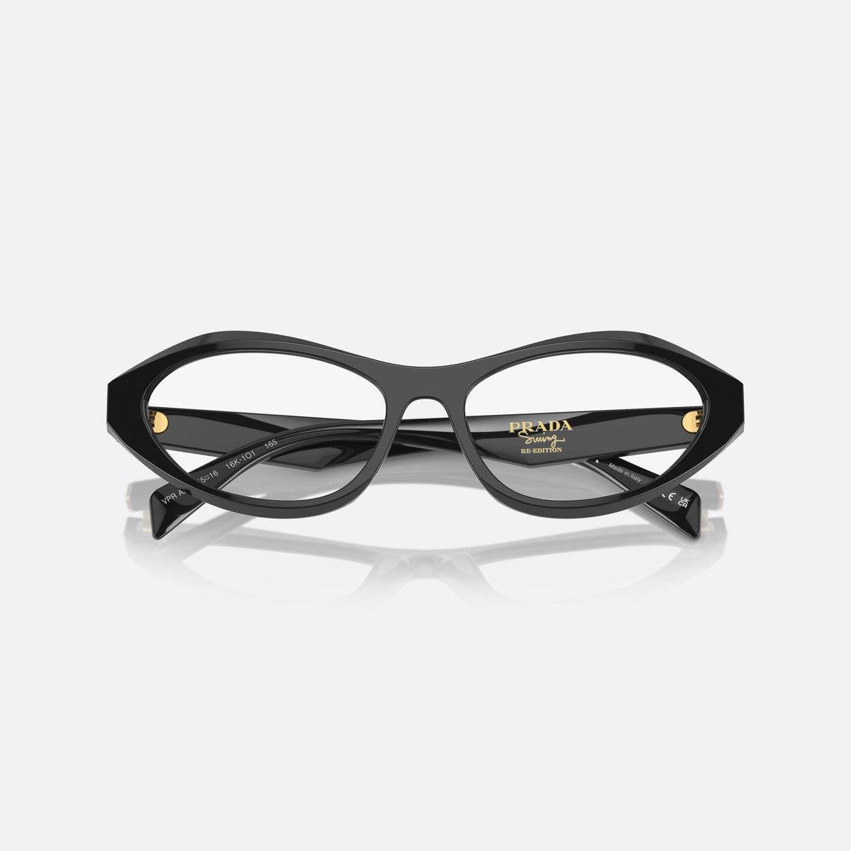 Prada PR A21V 16K1O1 eyeglasses, black squared frame for women, plain bridge, saddle style, brand logo on temple, folded