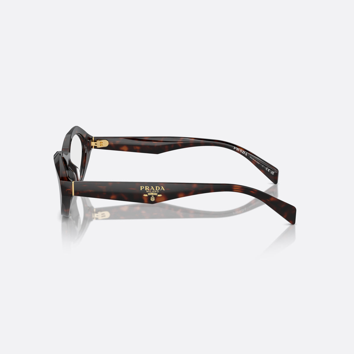 Prada PR A21V 17N1O1 eyeglasses, havana squared frame for women, plain bridge, integrated into front, full-rim frame, side view