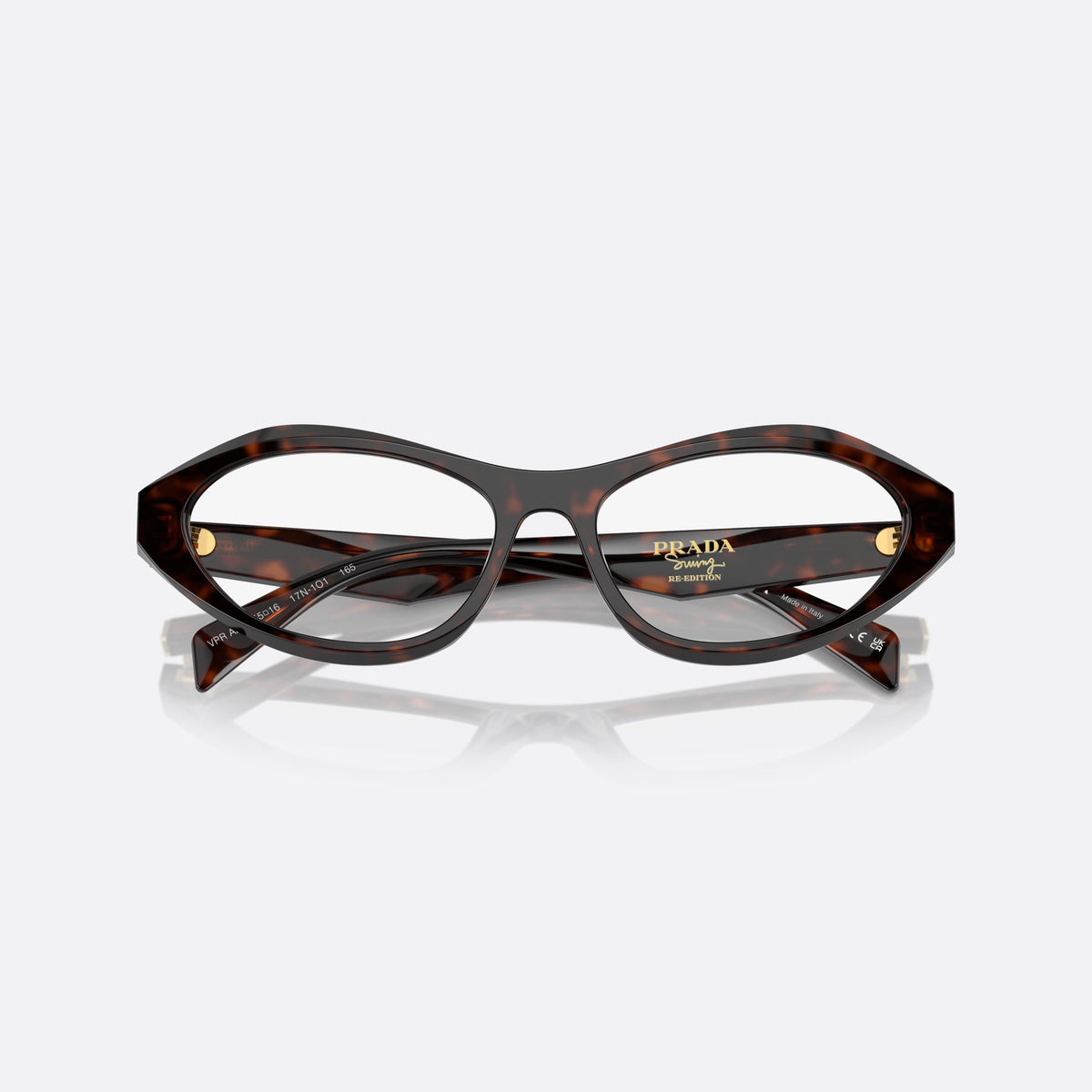 Prada PR A21V 17N1O1 eyeglasses, havana squared frame for women, plain bridge, integrated into front, full-rim frame, folded