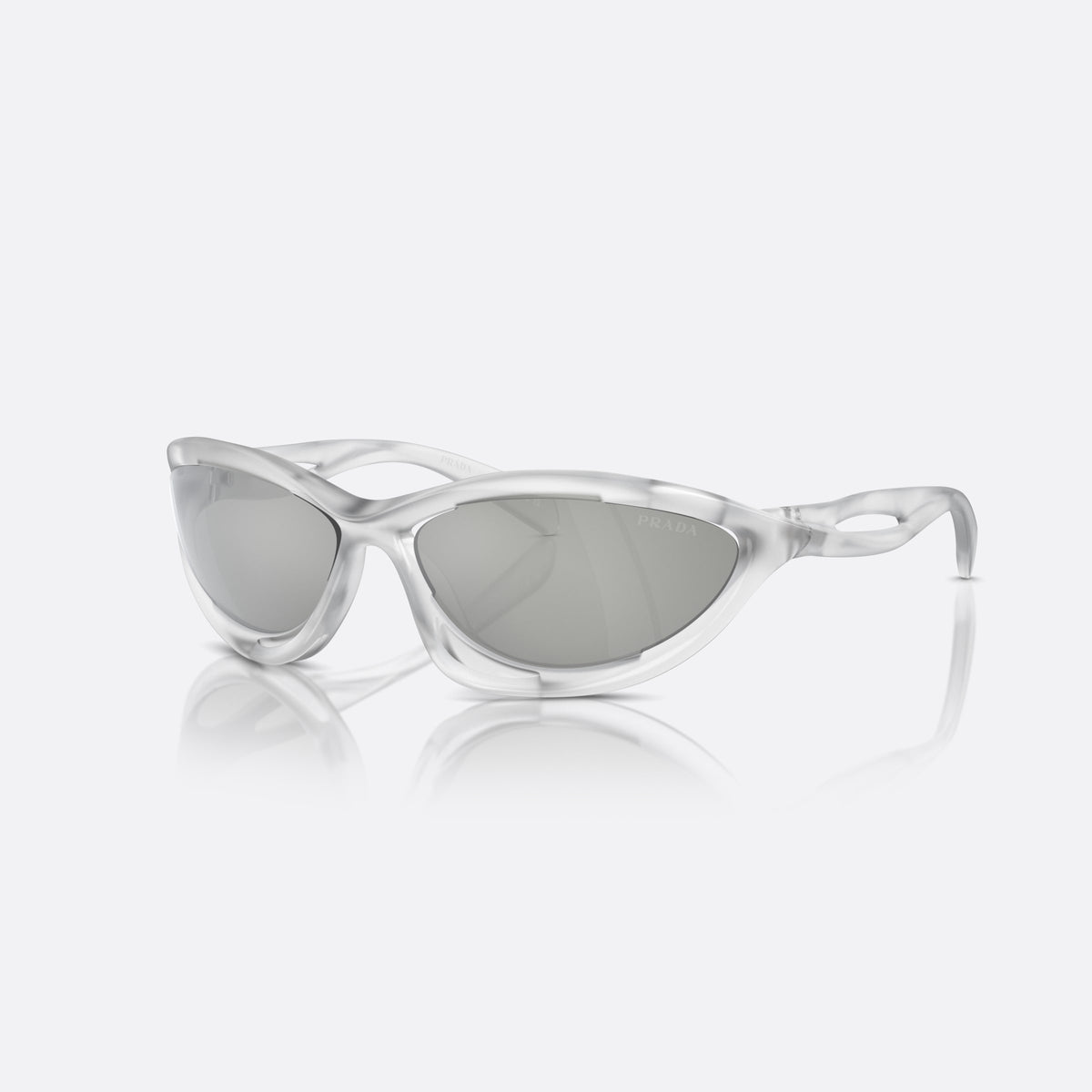 Ochelari de soare Prada PR A23S 14V60H, cat eye transparent, pentru femei, punte dublă cu decupaj deschis, literele brandului pe brațe