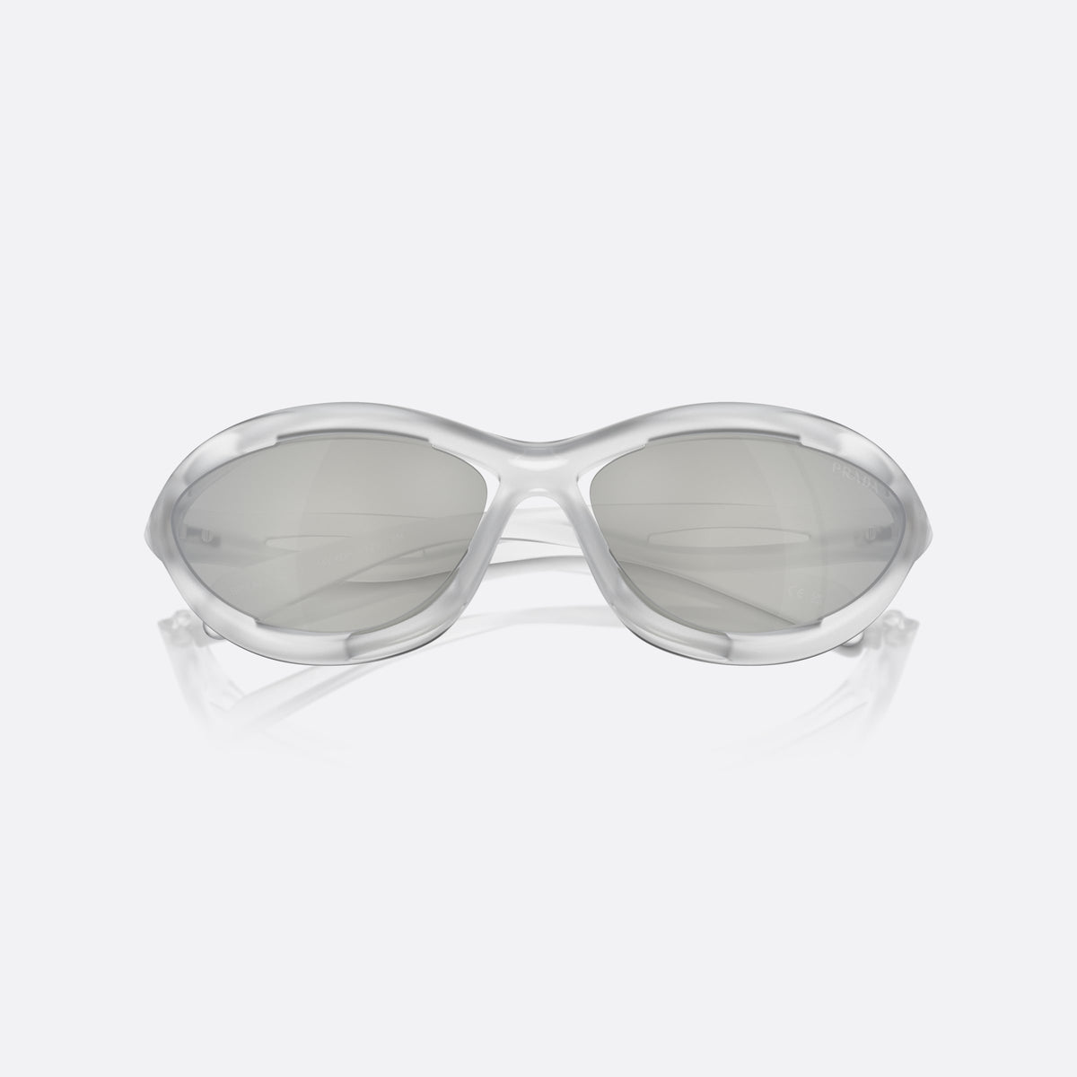 Ochelari de soare Prada PR A23S 14V60H, cat eye transparent, pentru femei, punte dublă cu decupaj deschis, literele brandului pe brațe, cu brațele pliate