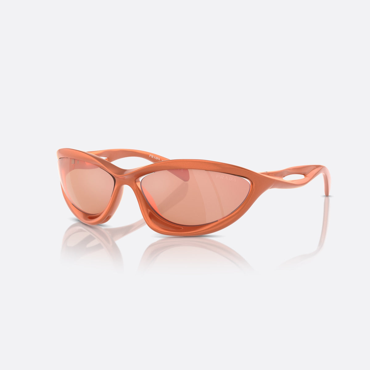 Prada PR A23S 15V50H sunglasses, orange cat eye frame for women, integrated double bridge, brand lettering on the temples