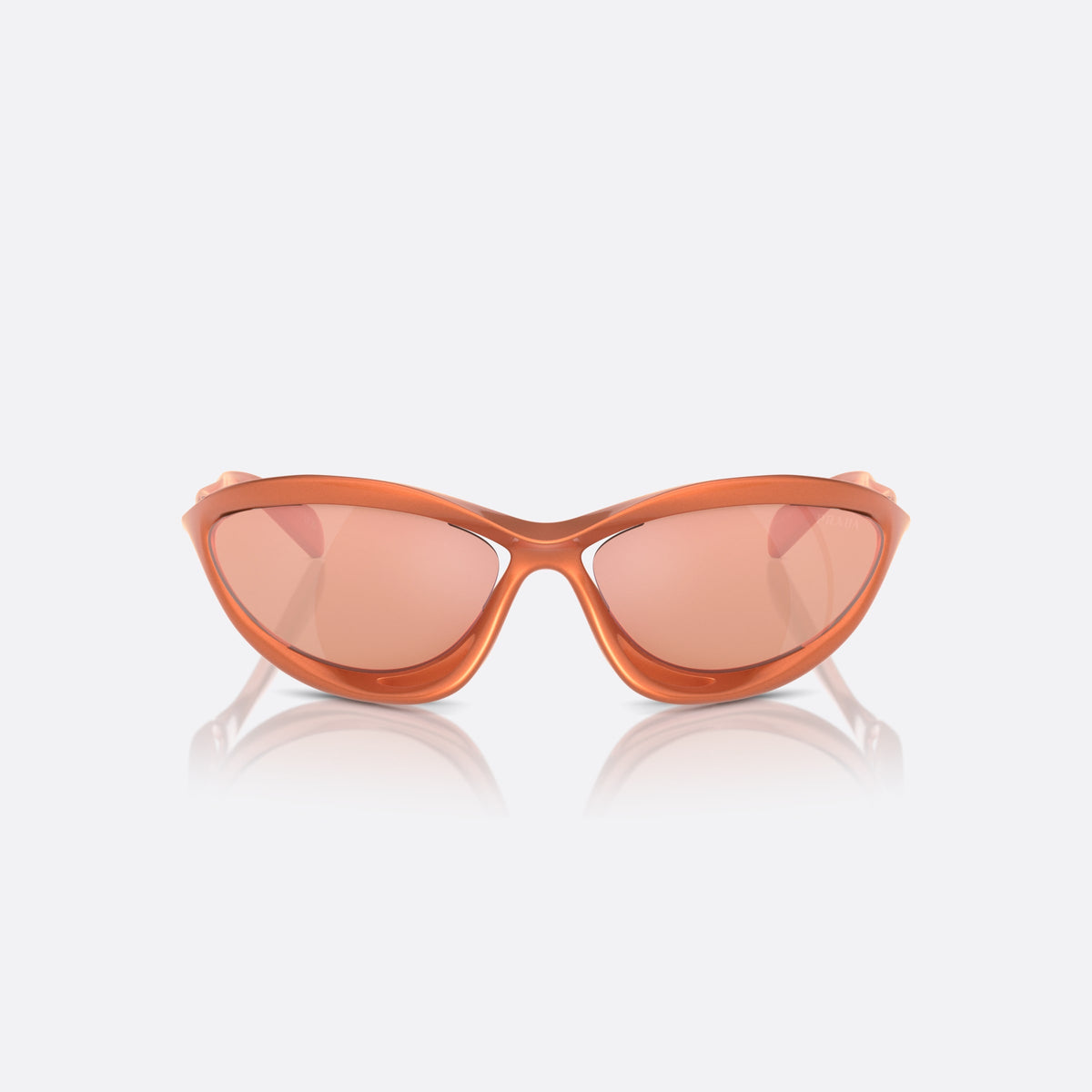 Prada PR A23S 15V50H sunglasses, orange cat eye frame for women, integrated double bridge, brand lettering on the temples, front view