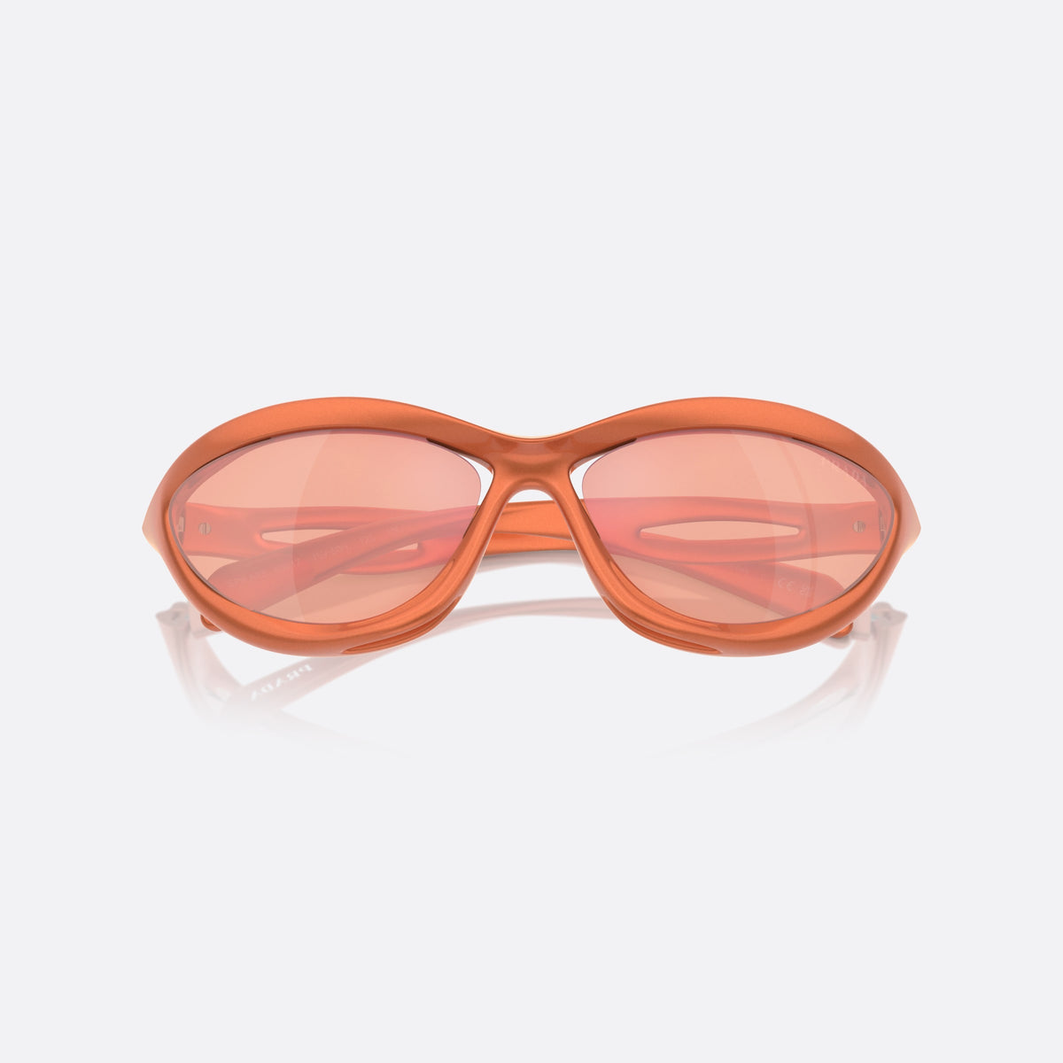 Prada PR A23S 15V50H sunglasses, orange cat eye frame for women, integrated double bridge, brand lettering on the temples, folded