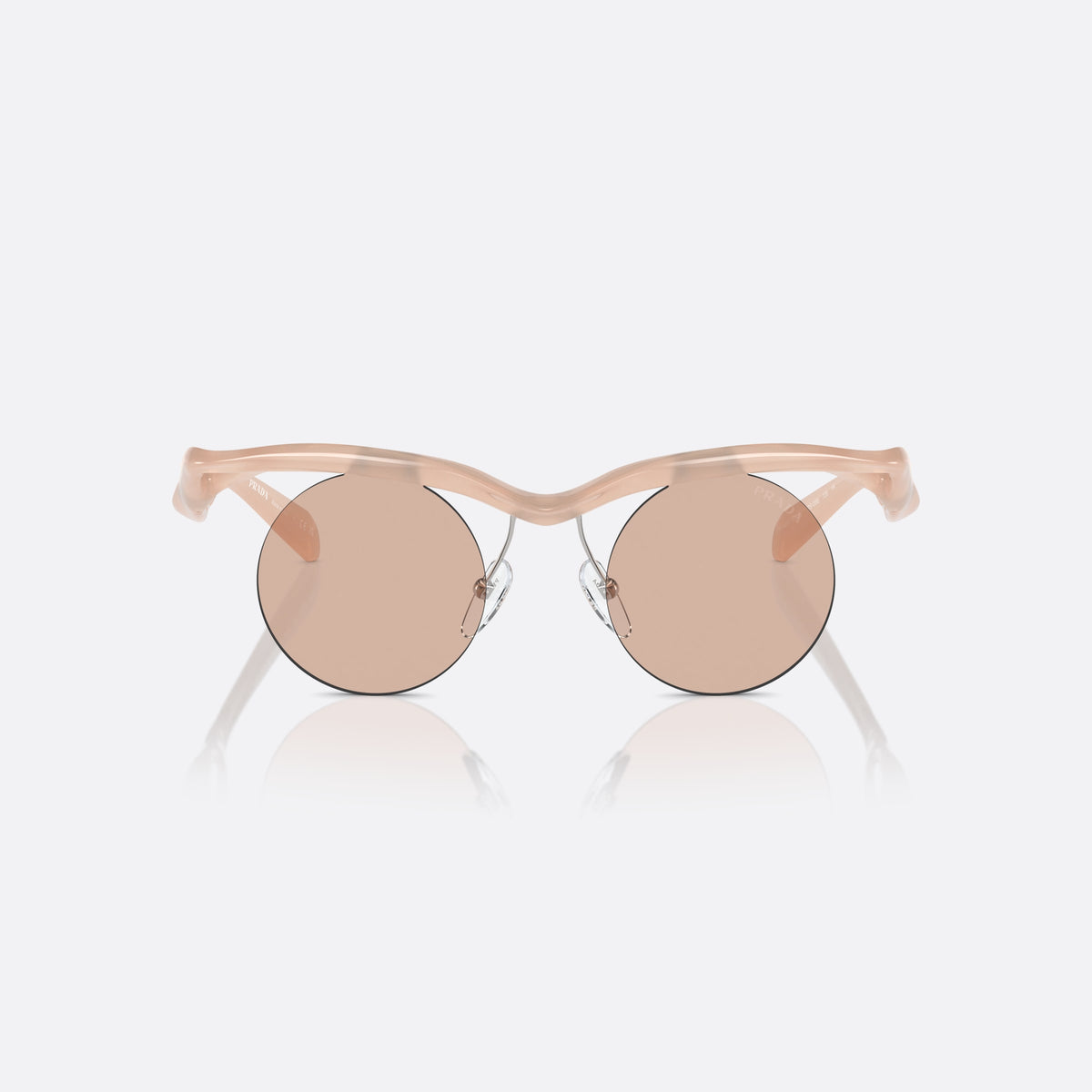 Prada PR A24S 12S0B8 sunglasses, pink round frame for women, brand lettering on temples, wavy tapered temples, front view