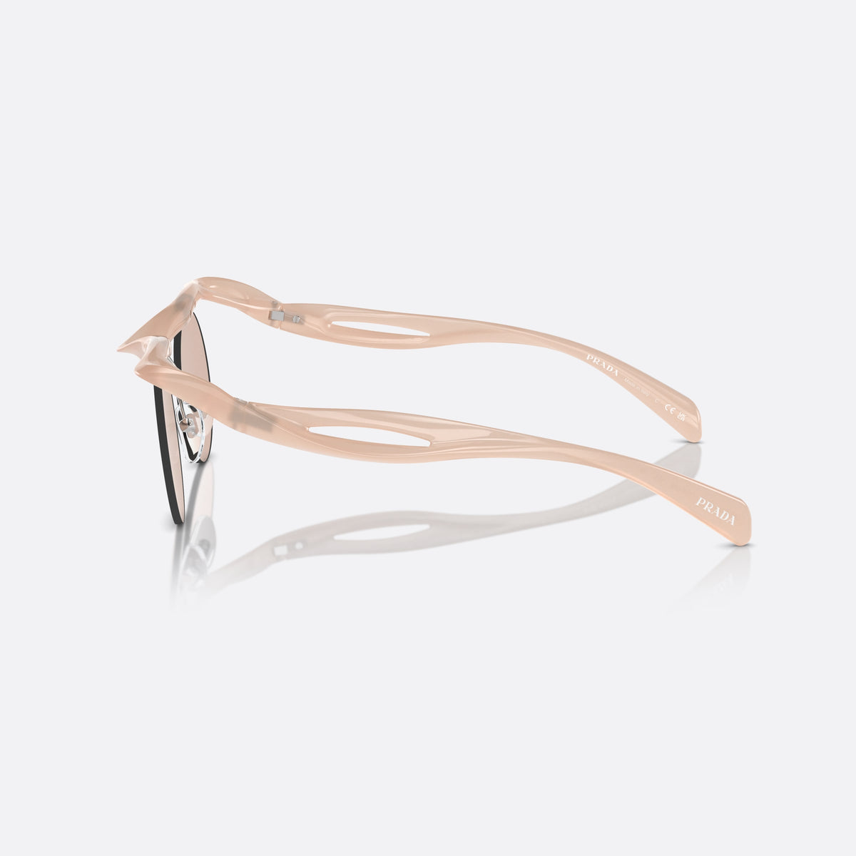 Prada PR A24S 12S0B8 sunglasses, pink round frame for women, brand lettering on temples, wavy tapered temples, side view