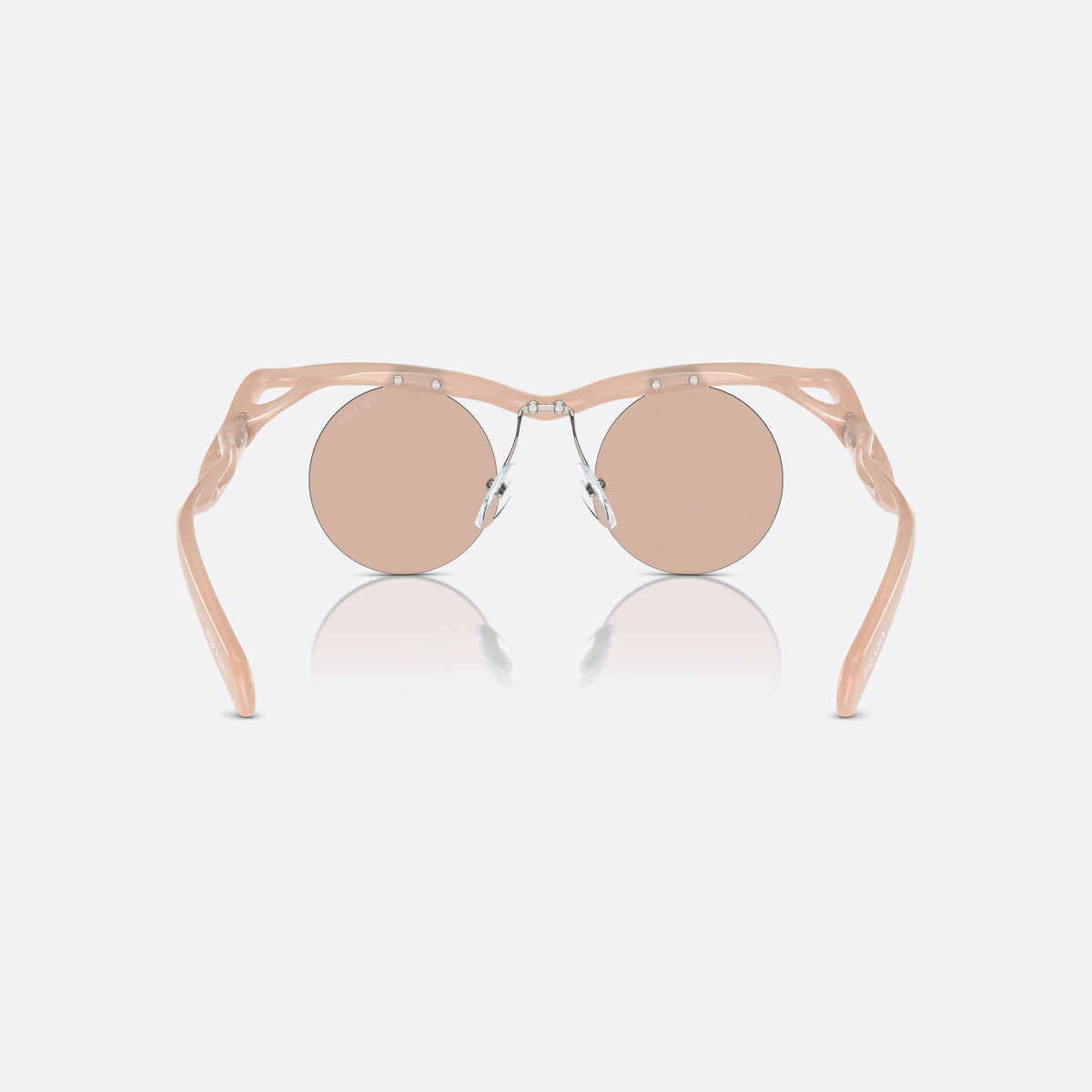 Prada PR A24S 12S0B8 sunglasses, pink round frame for women, brand lettering on temples, wavy tapered temples, back view