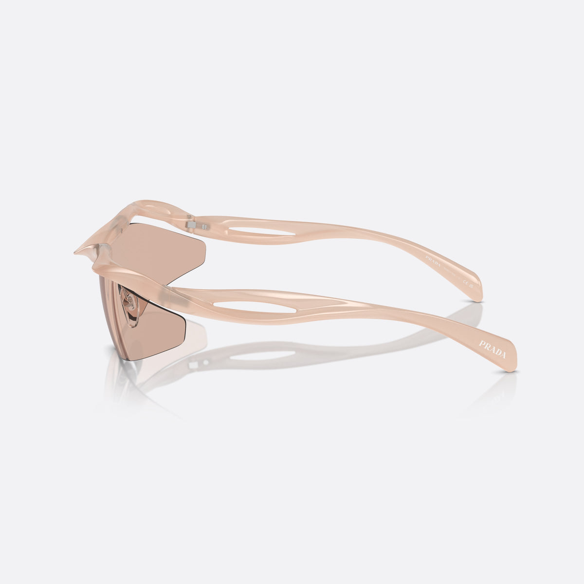 Ochelari de soare Prada PR A25S 12S4I2, cat eye roz, pentru femei, punte dublă cu miez metalic, literele brandului pe braț, vedere laterală