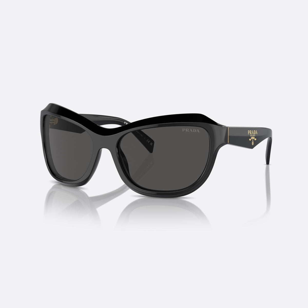 Prada PR A27S 16K5S0 sunglasses, black butterfly frame for women, double bridge with recessed centre, brand lettering on front