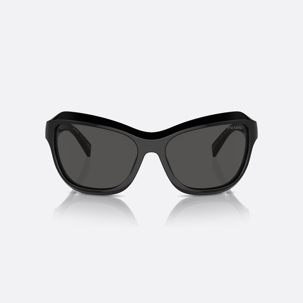 Prada PR A27S 16K5S0 sunglasses, black butterfly frame for women, double bridge with recessed centre, brand lettering on front, front view
