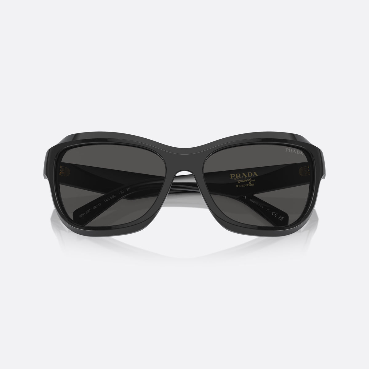 Prada PR A27S 16K5S0 sunglasses, black butterfly frame for women, double bridge with recessed centre, brand lettering on front, folded