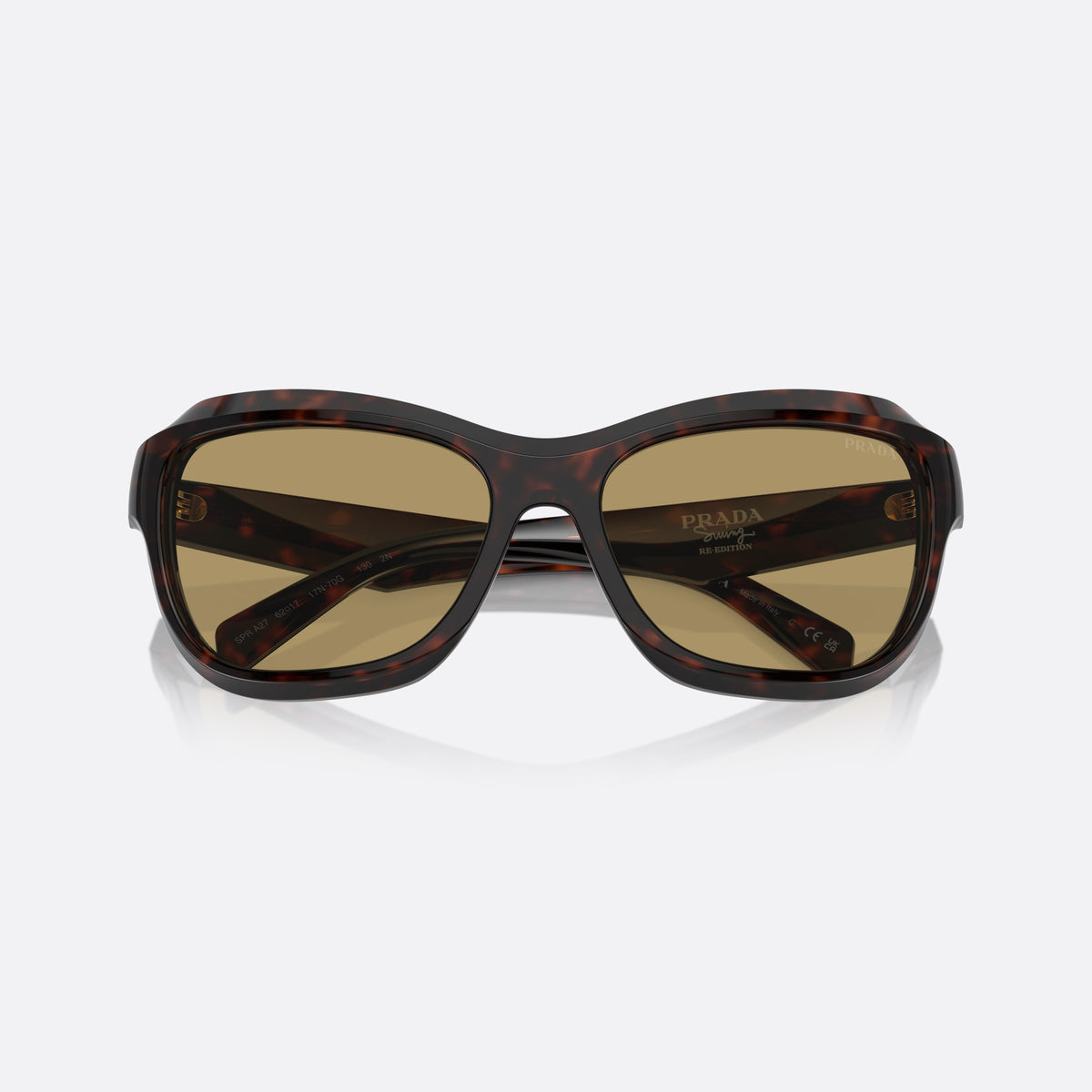 Ochelari de soare Prada PR A27S 17N70G, fluture țestoasă, pentru femei, punte dublă simplă, literele brandului pe brațe, cu brațele pliate
