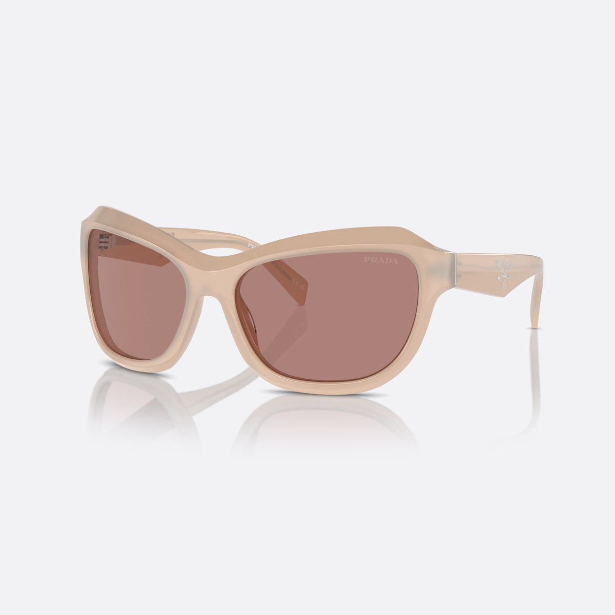 Prada PR A27S 19R10D sunglasses, pink butterfly frame for women, plain bridge, brand lettering on temples, full-rim frame