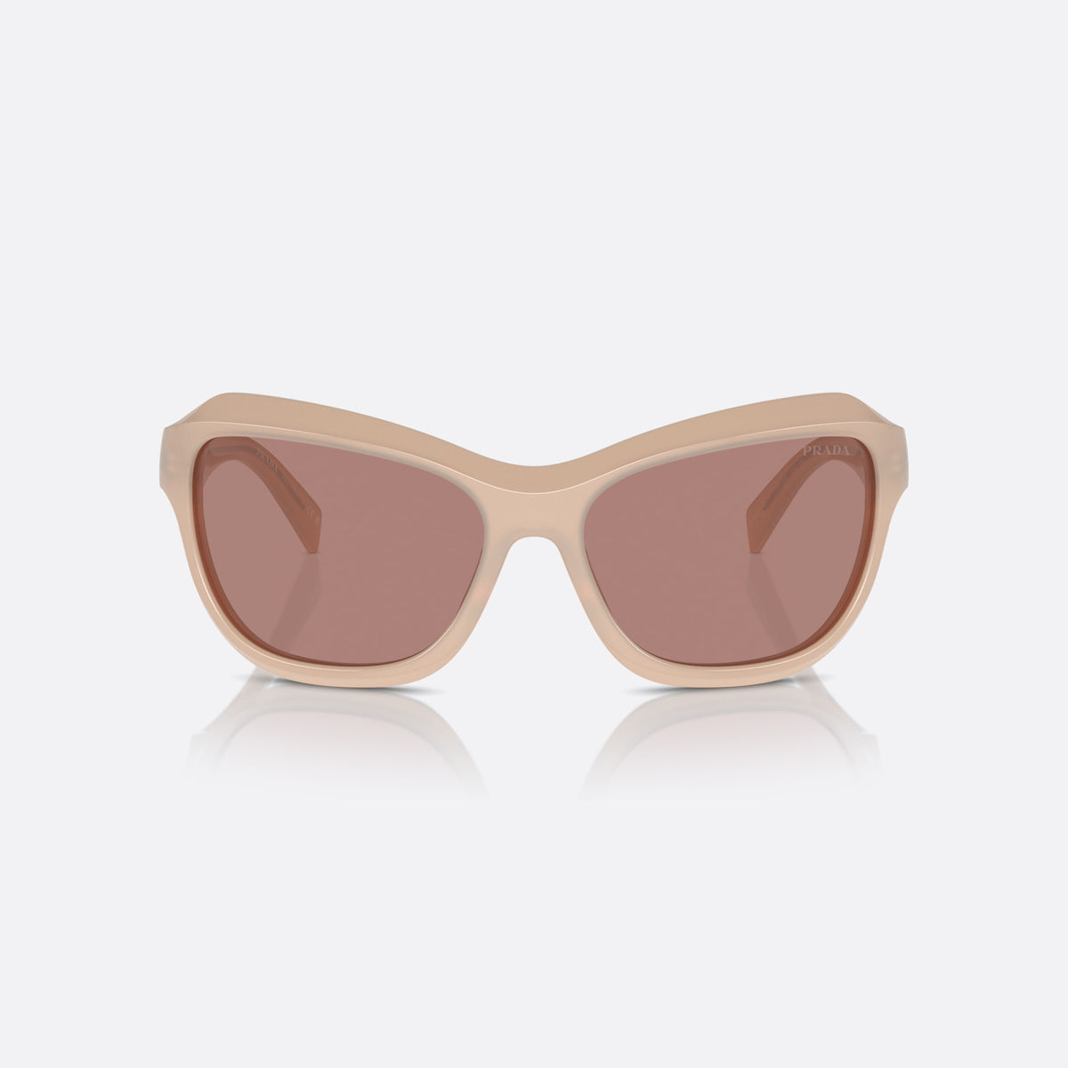 Prada PR A27S 19R10D sunglasses, pink butterfly frame for women, plain bridge, brand lettering on temples, full-rim frame, front view