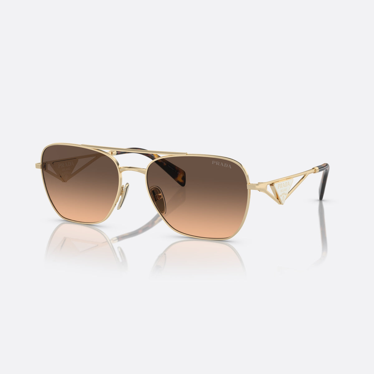 Prada PR A50S ZVN-50C N sunglasses, gold pillow frame for women, double bridge with top bar, triangular plaque on temples