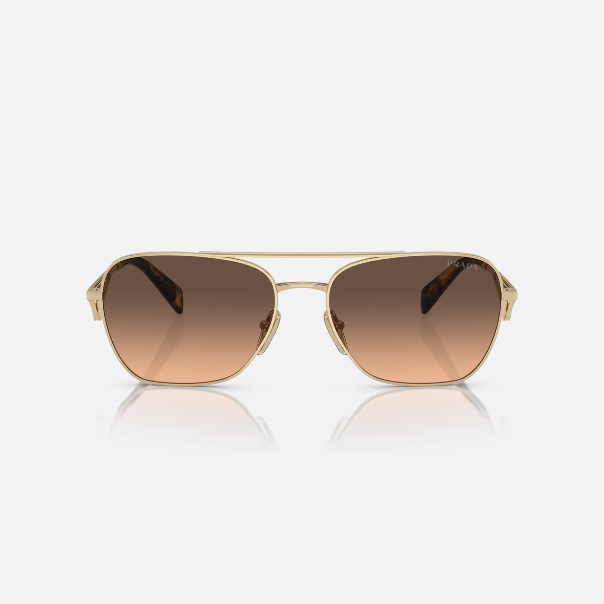 Prada PR A50S ZVN-50C N sunglasses, gold pillow frame for women, double bridge with top bar, triangular plaque on temples, front view