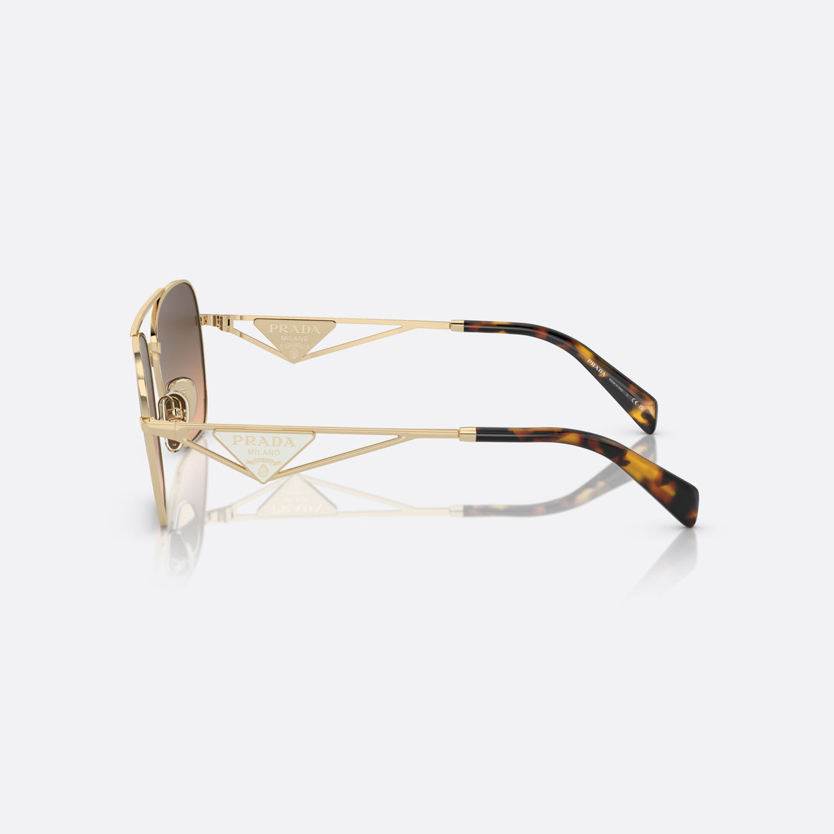 Prada PR A50S ZVN-50C N sunglasses, gold pillow frame for women, double bridge with top bar, triangular plaque on temples, side view
