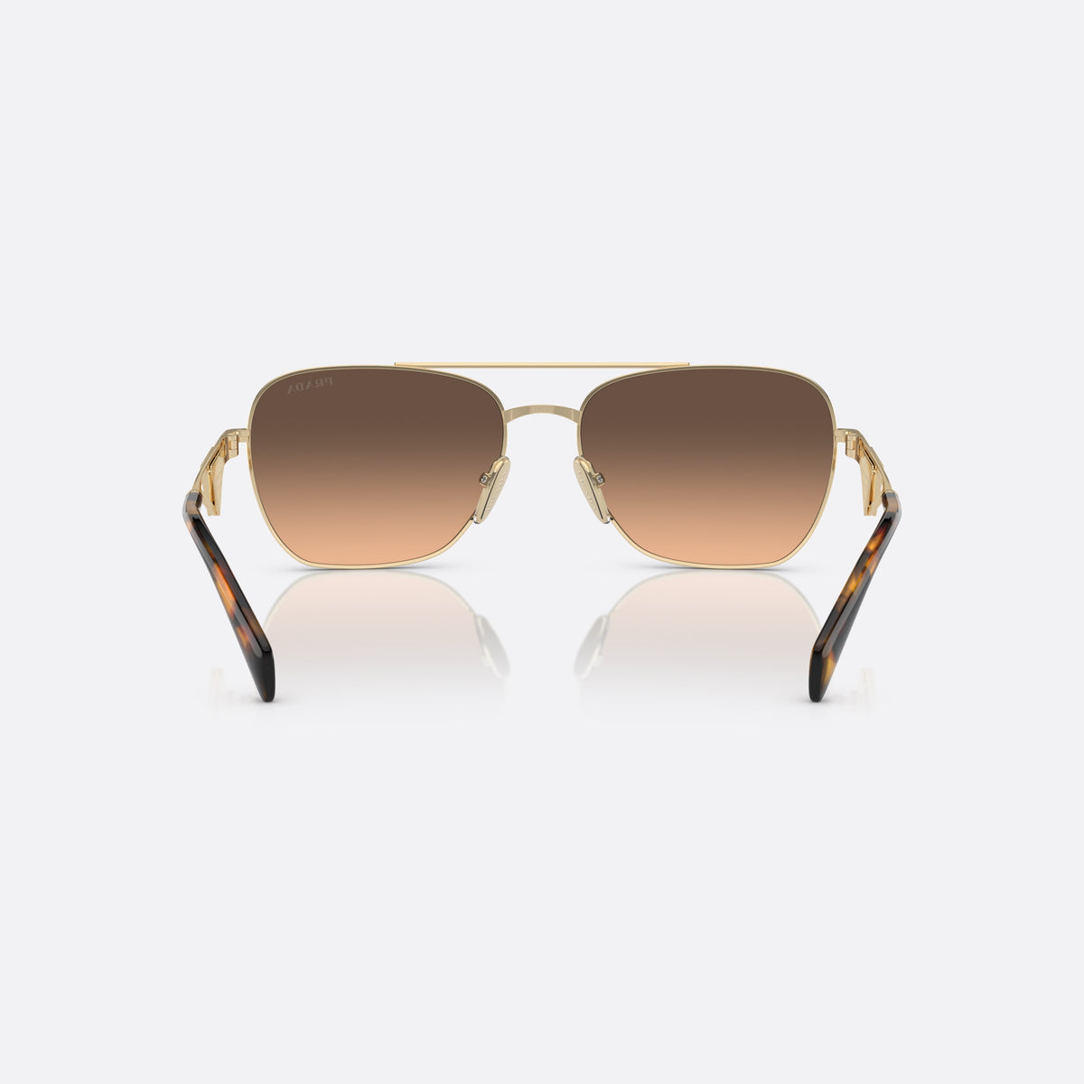 Prada PR A50S ZVN-50C N sunglasses, gold pillow frame for women, double bridge with top bar, triangular plaque on temples, back view