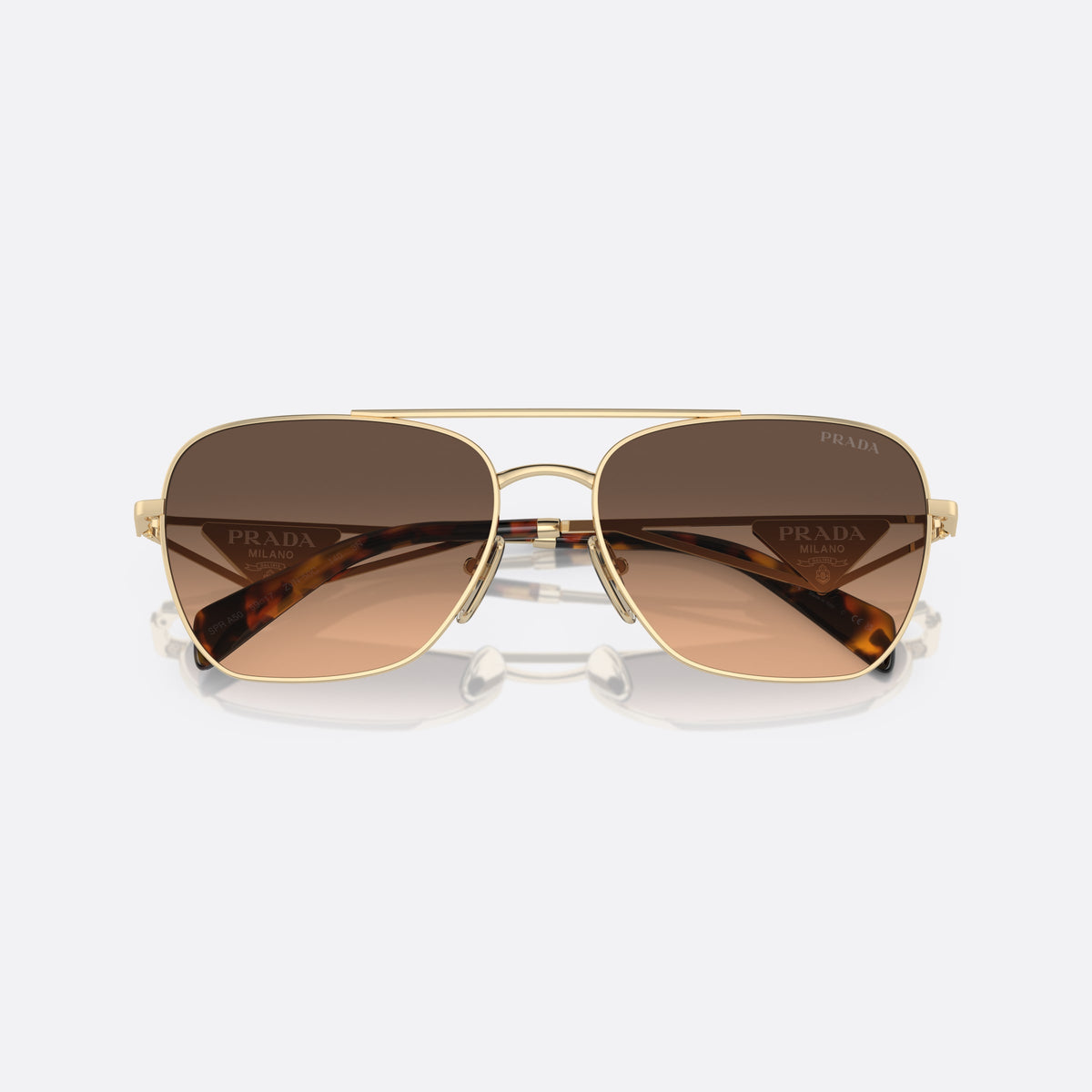 Prada PR A50S ZVN-50C N sunglasses, gold pillow frame for women, double bridge with top bar, triangular plaque on temples, folded