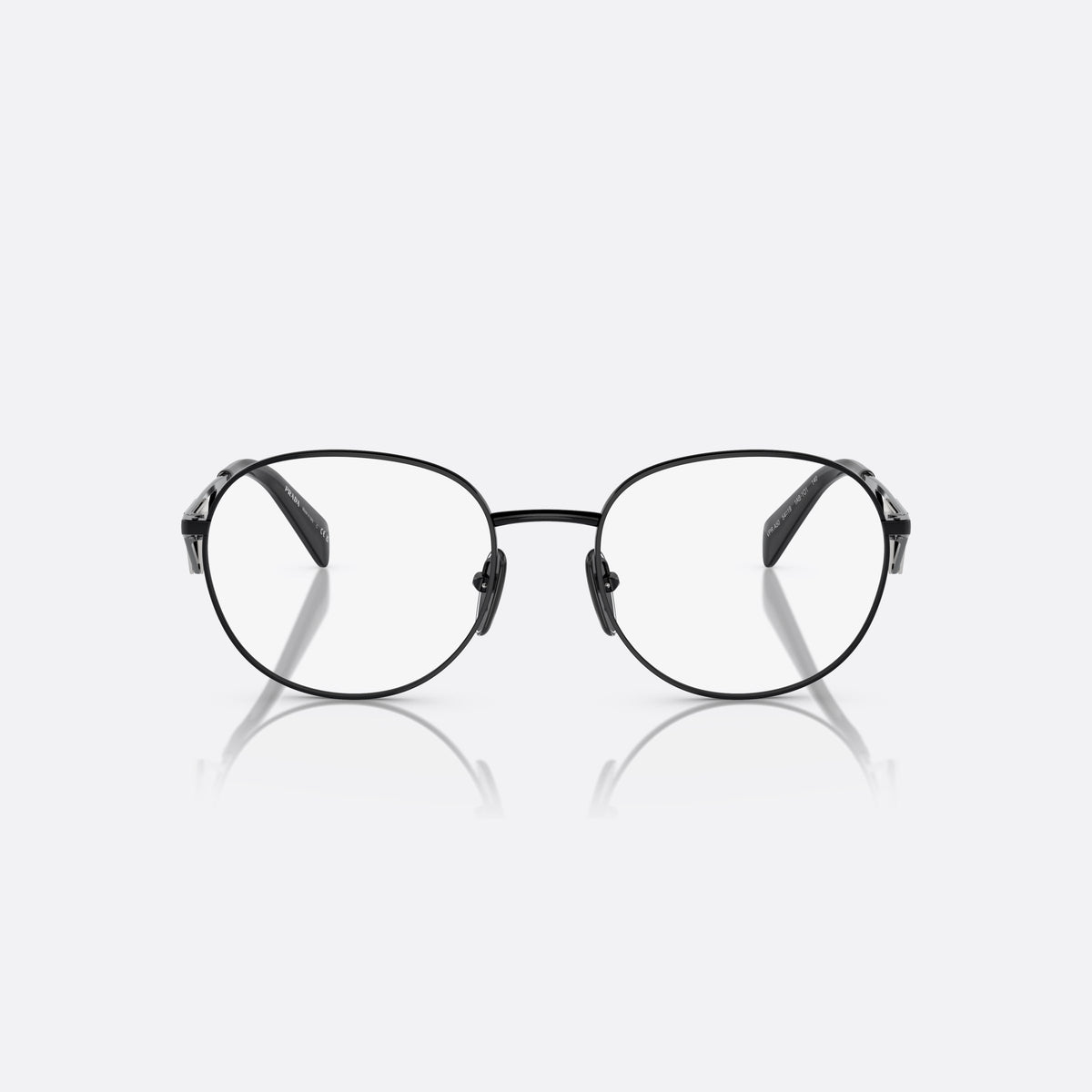 Prada PR A50V 1AB-1O1 B eyeglasses, black round frame for women, plain metal bridge, brand logo plaque on temples, front view