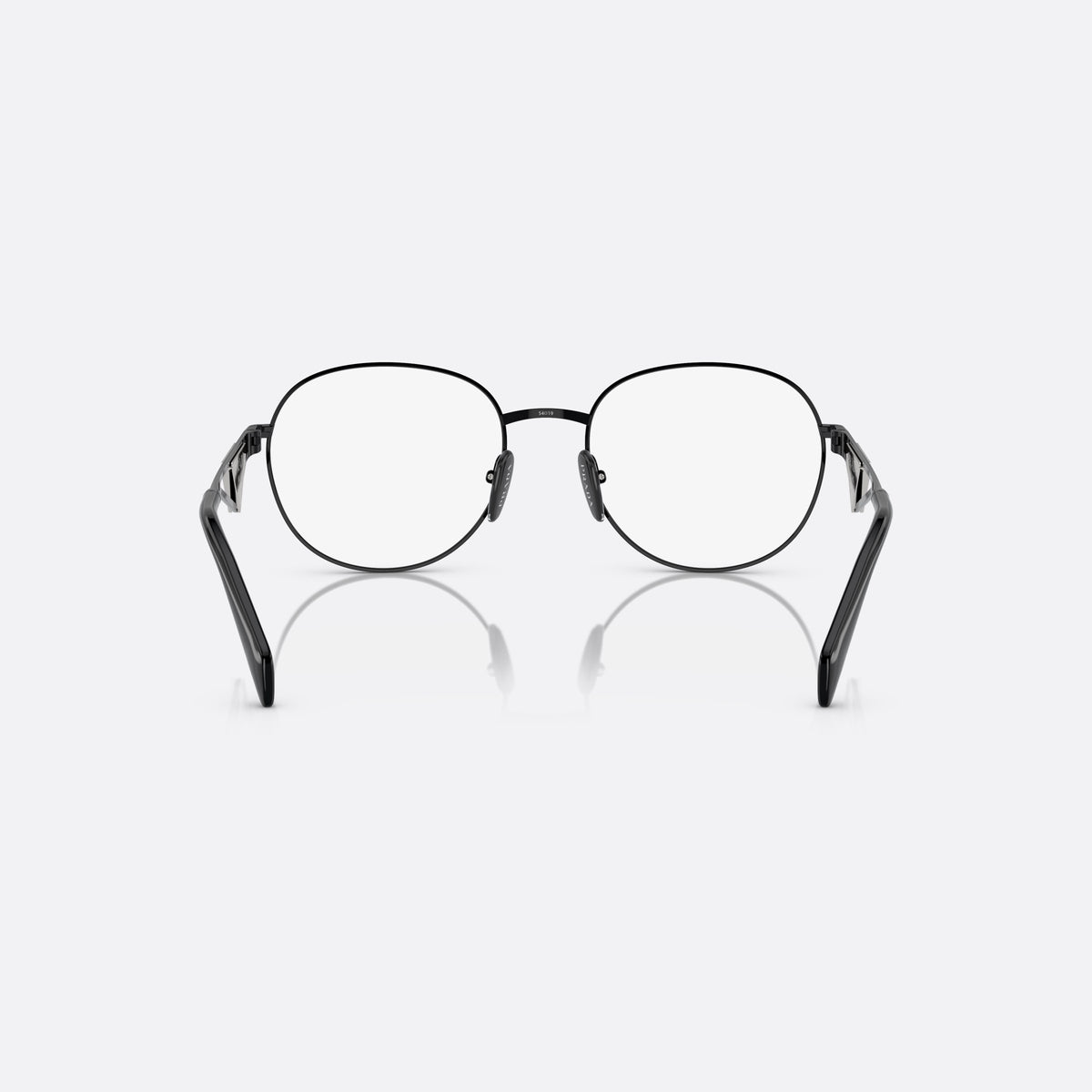 Prada PR A50V 1AB-1O1 B eyeglasses, black round frame for women, plain metal bridge, brand logo plaque on temples, back view