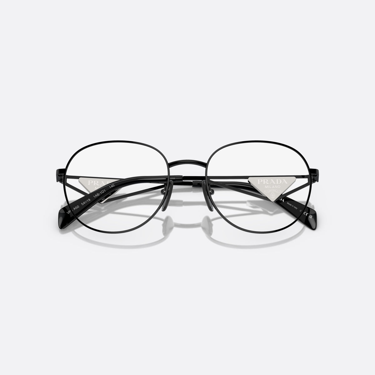 Prada PR A50V 1AB-1O1 B eyeglasses, black round frame for women, plain metal bridge, brand logo plaque on temples, folded