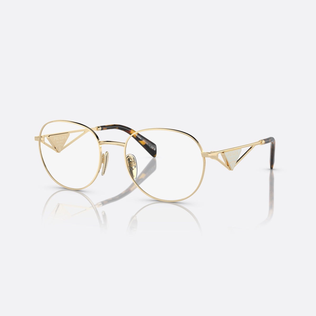 Rame ochelari de vedere Prada PR A50V ZVN-1O1 B, rotunzi auriu, pentru femei, punte subțire metalică, placă cu logoul brandului pe brațe
