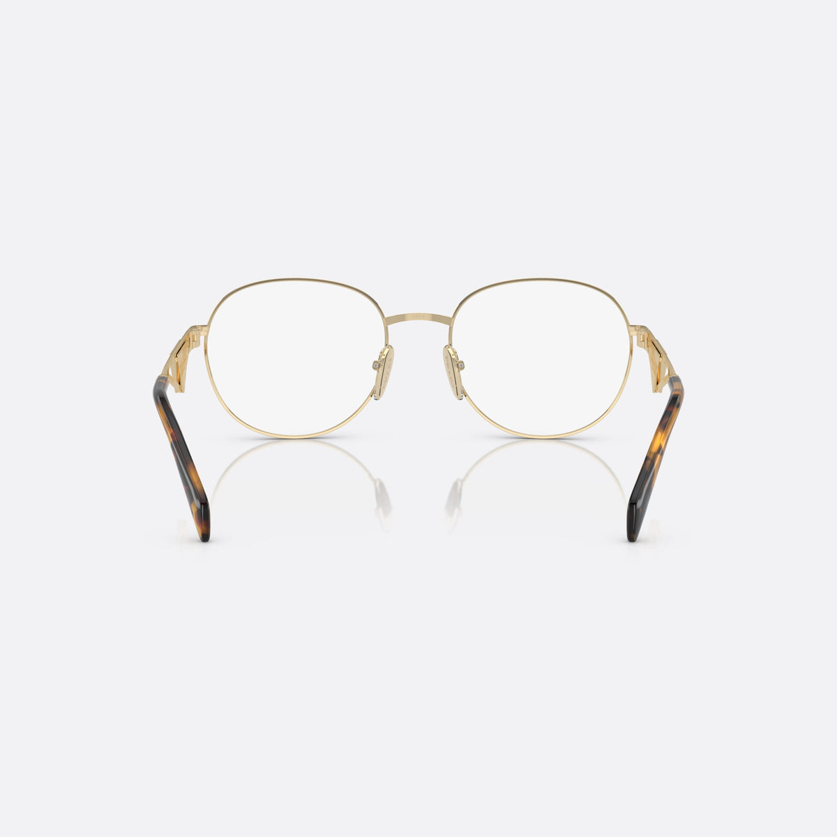 Prada PR A50V ZVN-1O1 B eyeglasses, gold round frame for women, thin metal bridge, brand logo plaque on temples, back view