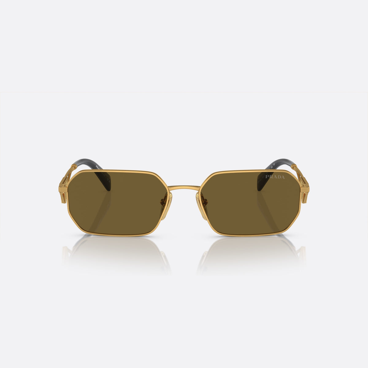 Prada PR A51S 15N-01T M sunglasses, gold irregular frame for women, plain metal bridge, brand logo on temple plaque, front view