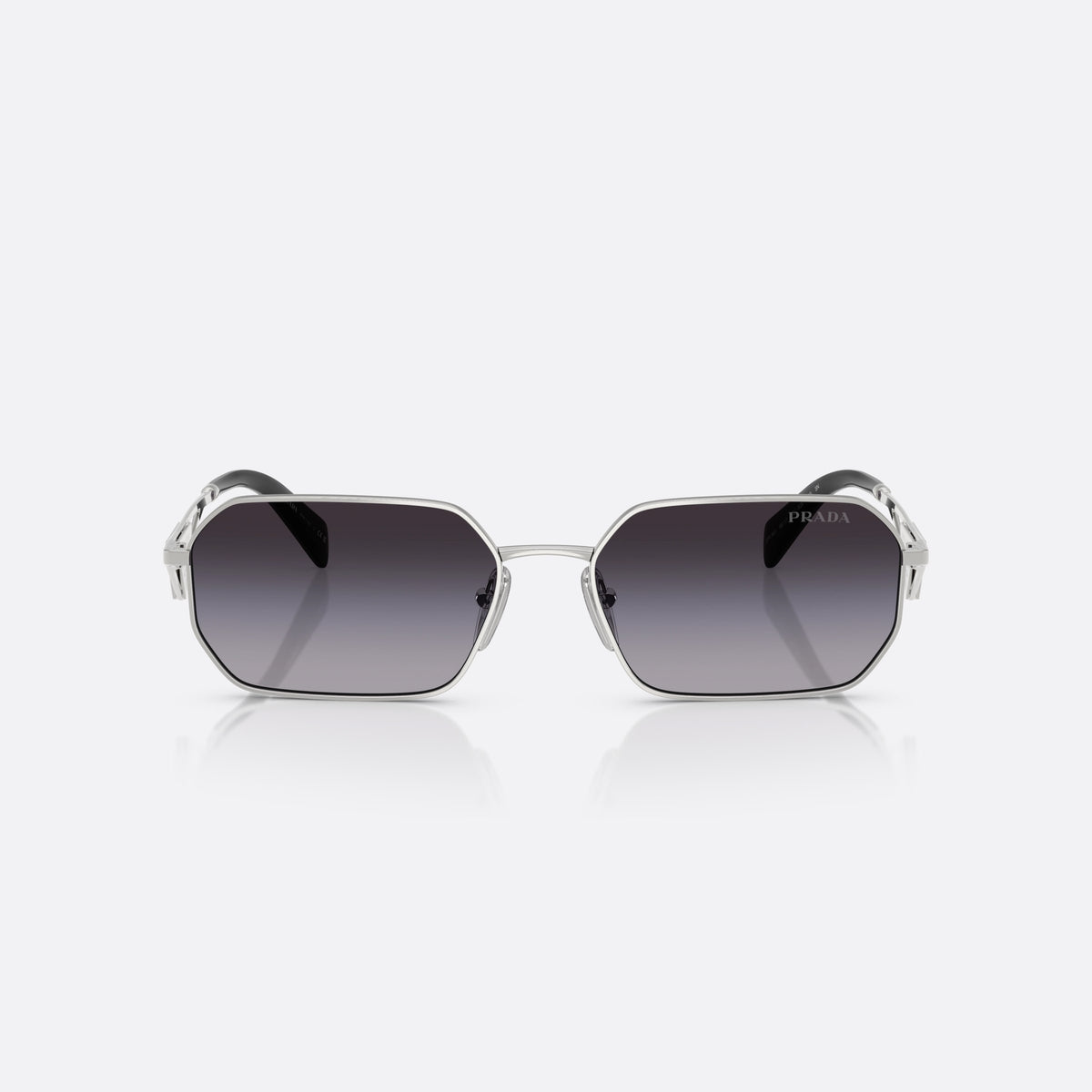 Ochelari de soare Prada PR A51S 1BC90A BLBL, geometrica negru, pentru femei, punte dublă cu bară metalică, literele brandului pe lentile, vedere din față