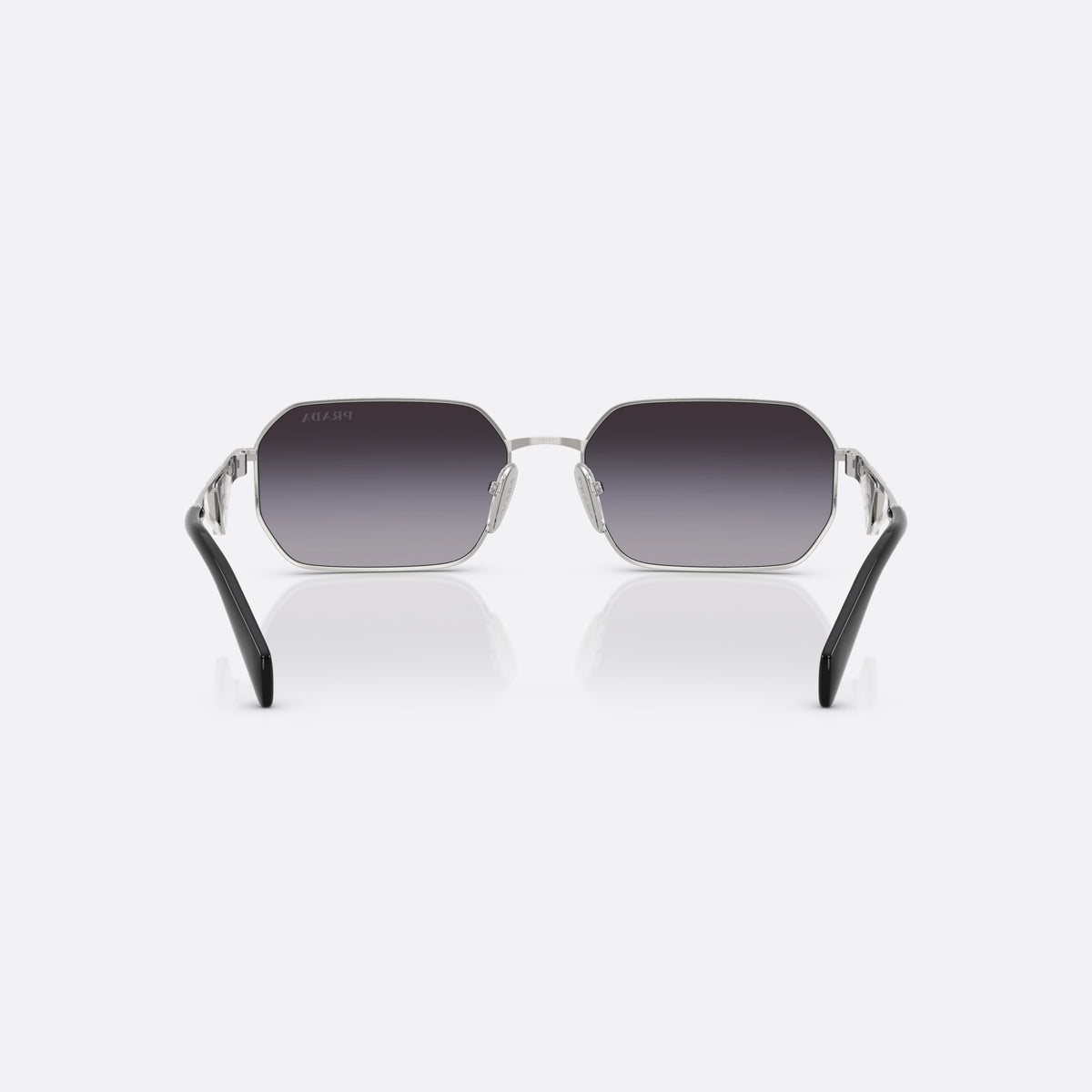 Ochelari de soare Prada PR A51S 1BC90A BLBL, geometrica negru, pentru femei, punte dublă cu bară metalică, literele brandului pe lentile, vedere din spate