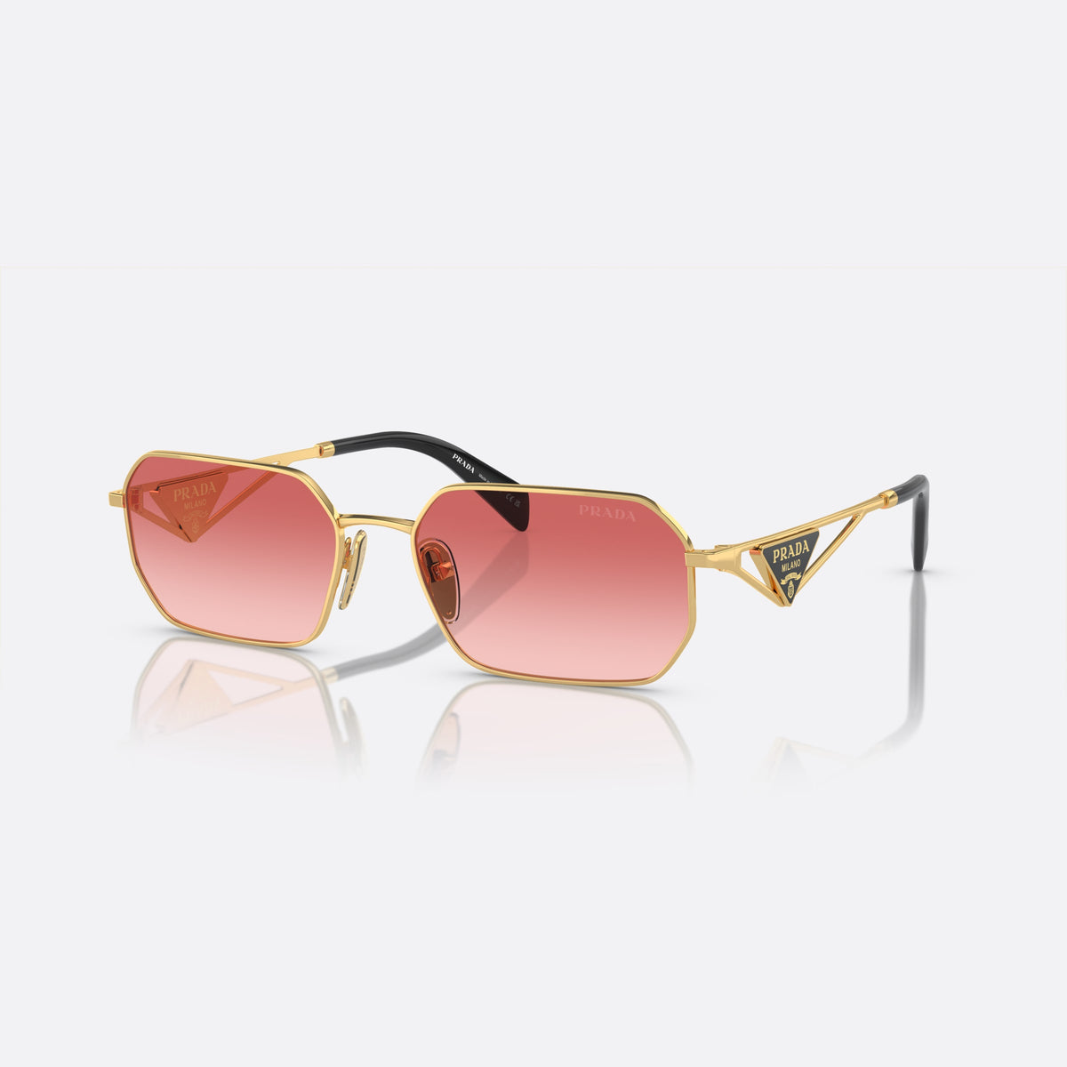 Prada PR A51S 5AK-40C K sunglasses, gold irregular frame for women, plain metal bridge, brand lettering on temples