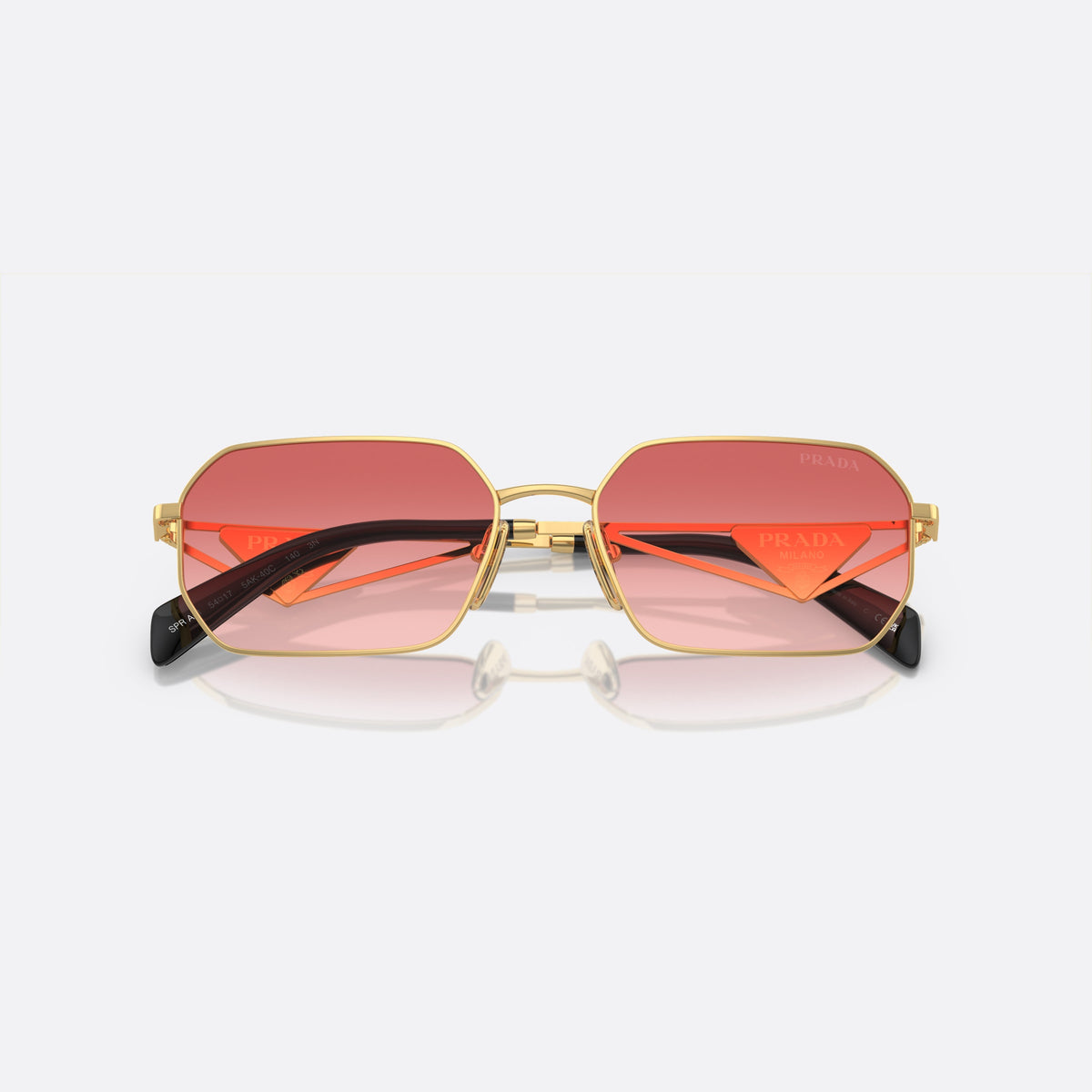 Prada PR A51S 5AK-40C K sunglasses, gold irregular frame for women, plain metal bridge, brand lettering on temples
