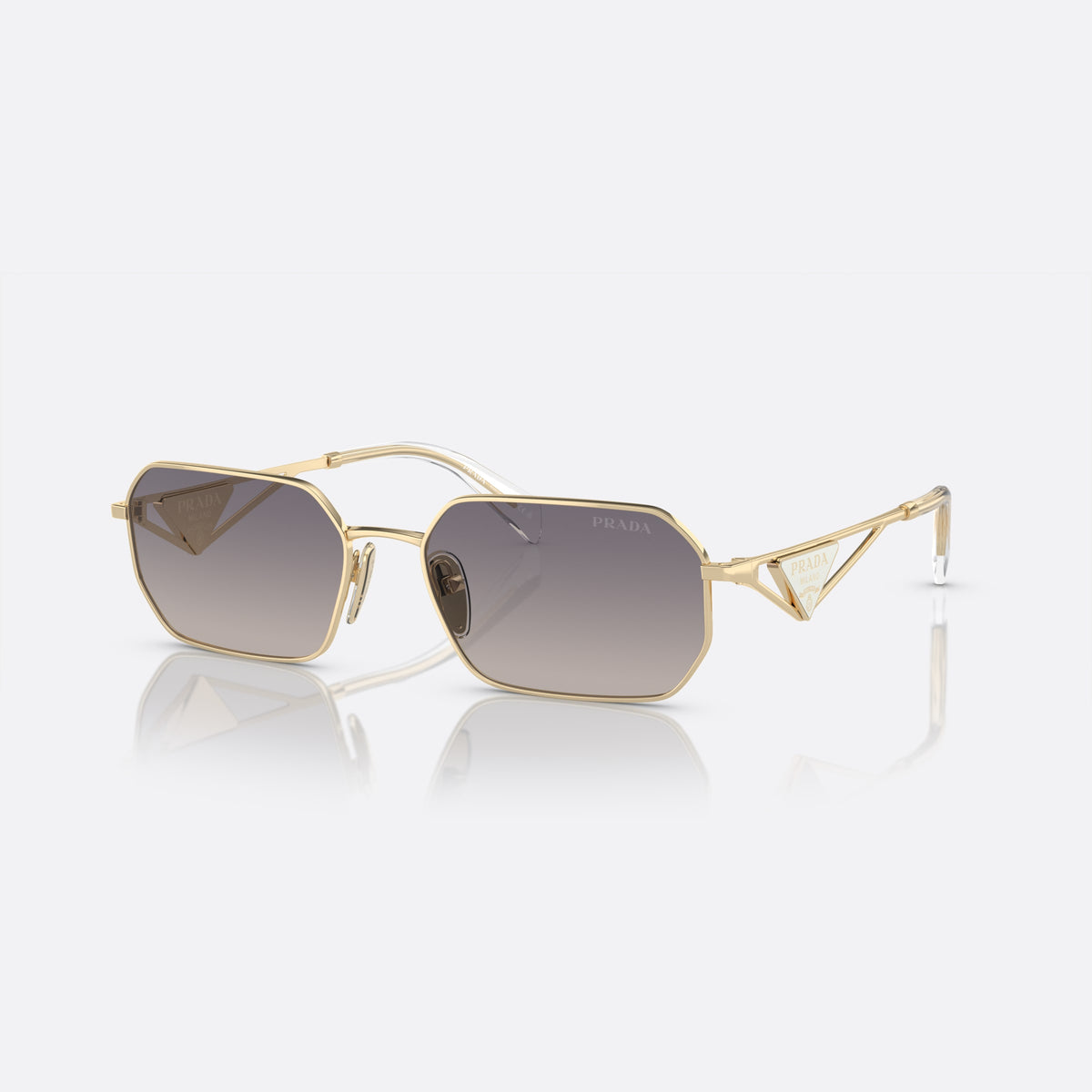 Prada PR A51S ZVN-30C M sunglasses, gold irregular frame for women, plain metal bridge, brand lettering on the temples