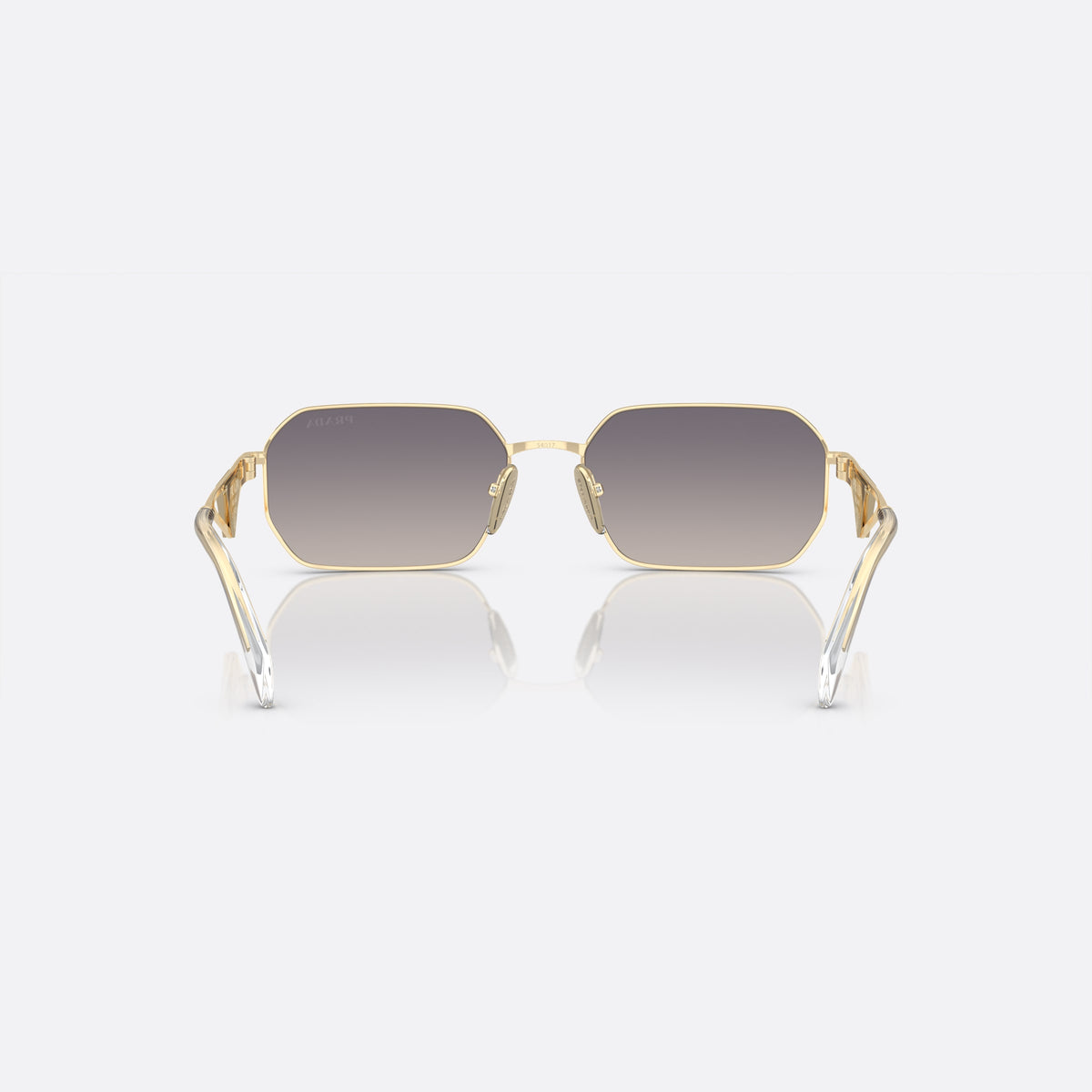 Prada PR A51S ZVN-30C M sunglasses, gold irregular frame for women, plain metal bridge, brand lettering on the temples, back view