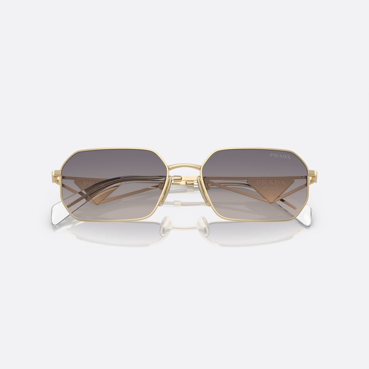 Prada PR A51S ZVN-30C M sunglasses, gold irregular frame for women, plain metal bridge, brand lettering on the temples, folded