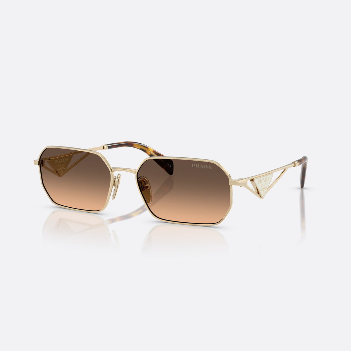 Prada PR A51S ZVN50C GLBW sunglasses, gold geometric frame for women, plain metal bridge, triangular brand logo plaque on temples