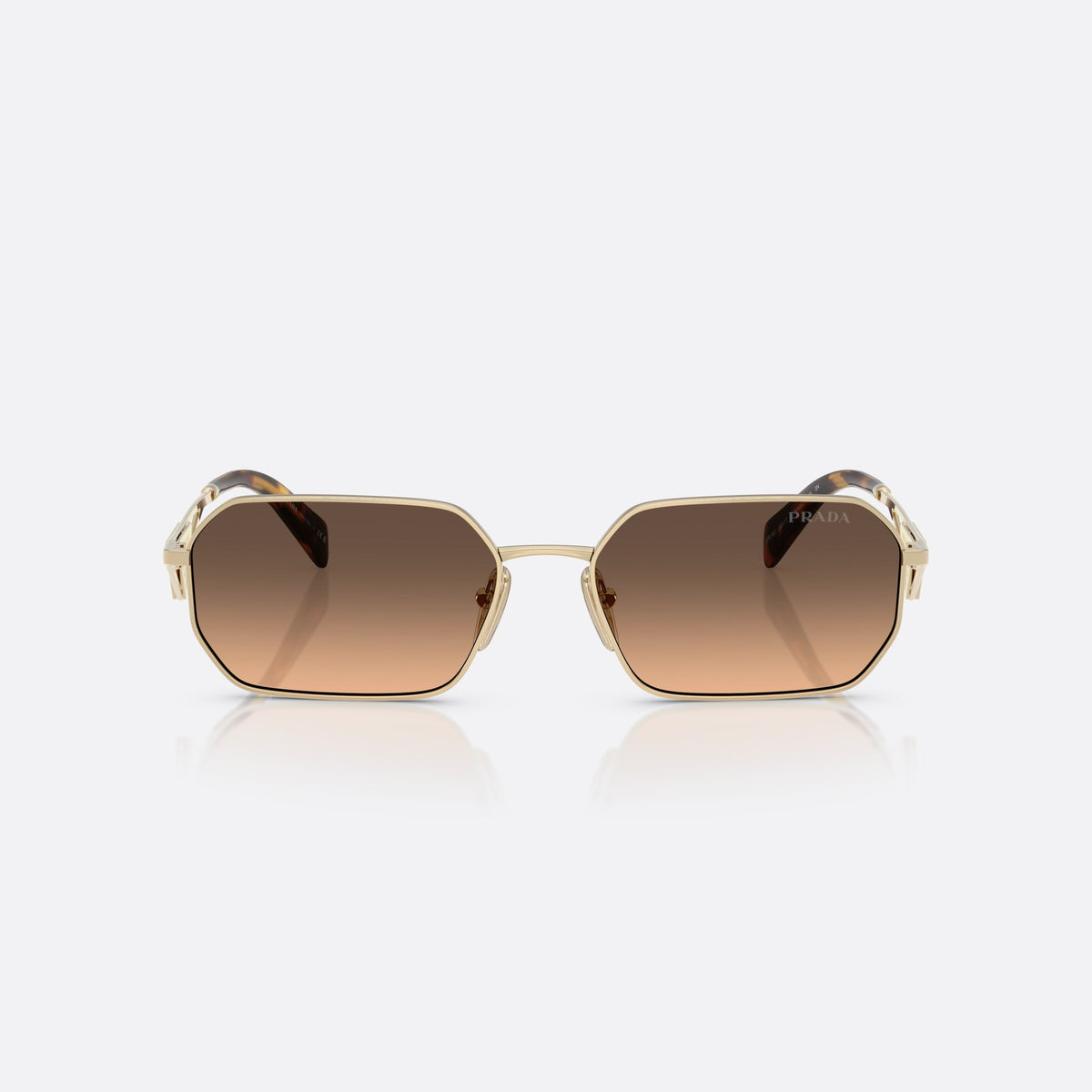 Prada PR A51S ZVN50C GLBW sunglasses, gold geometric frame for women, plain metal bridge, triangular brand logo plaque on temples, front view