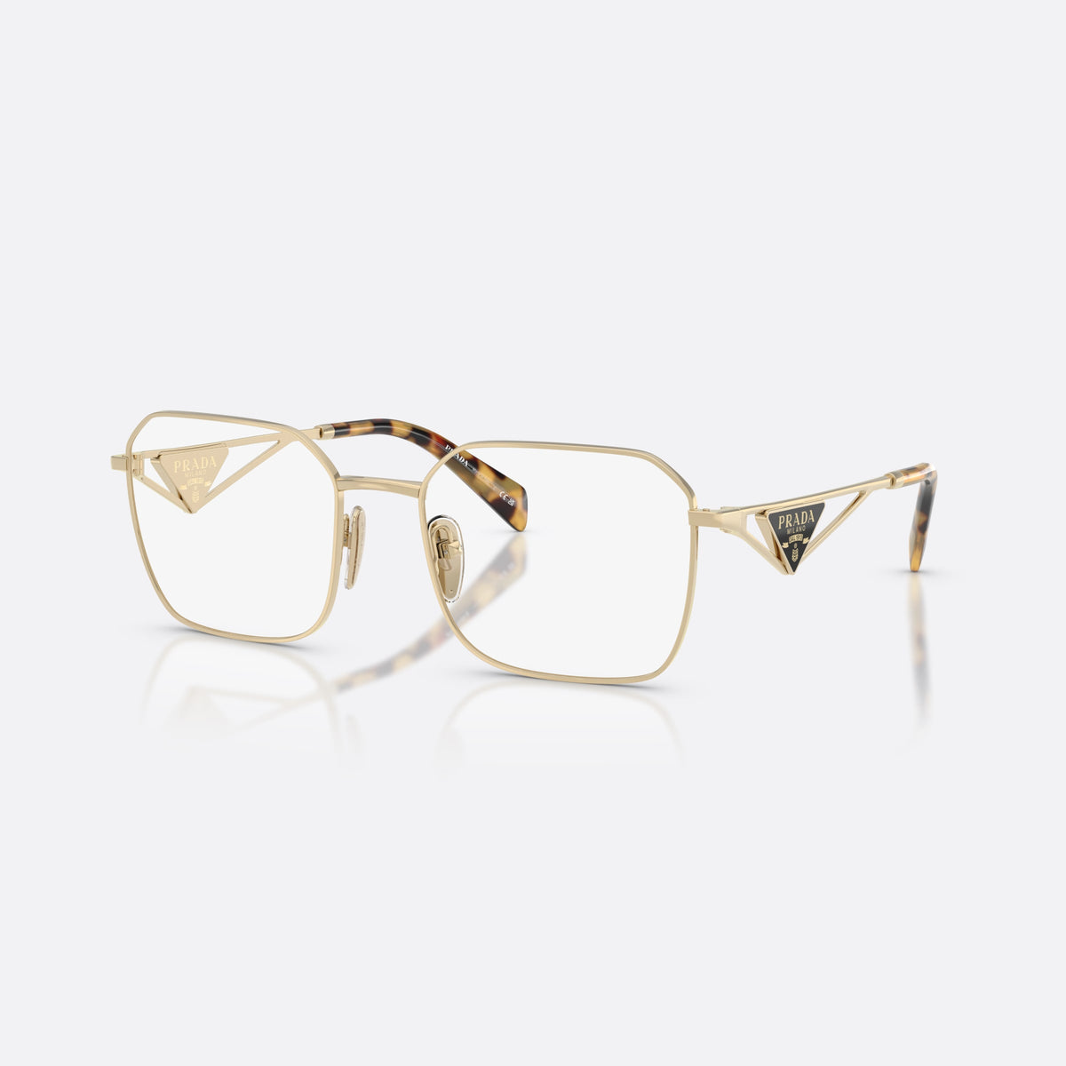 Prada PR A51V 14N1O1 eyeglasses, gold irregular frame for women, plain metal bridge, brand logo plaque on temples